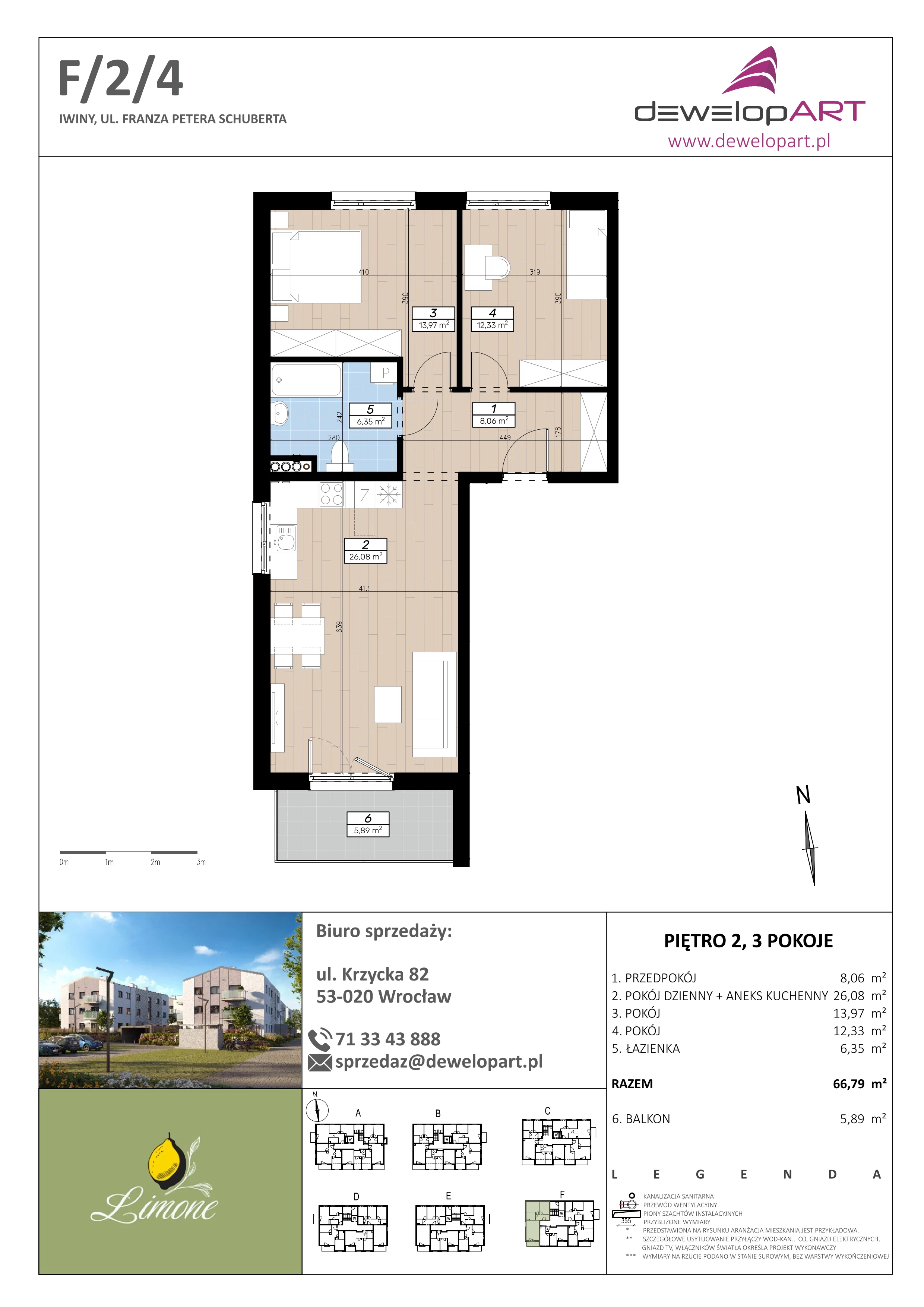 3 pokoje, mieszkanie 66,79 m², piętro 2, oferta nr F/2/4, Limone, Iwiny, ul. F. P. Schuberta