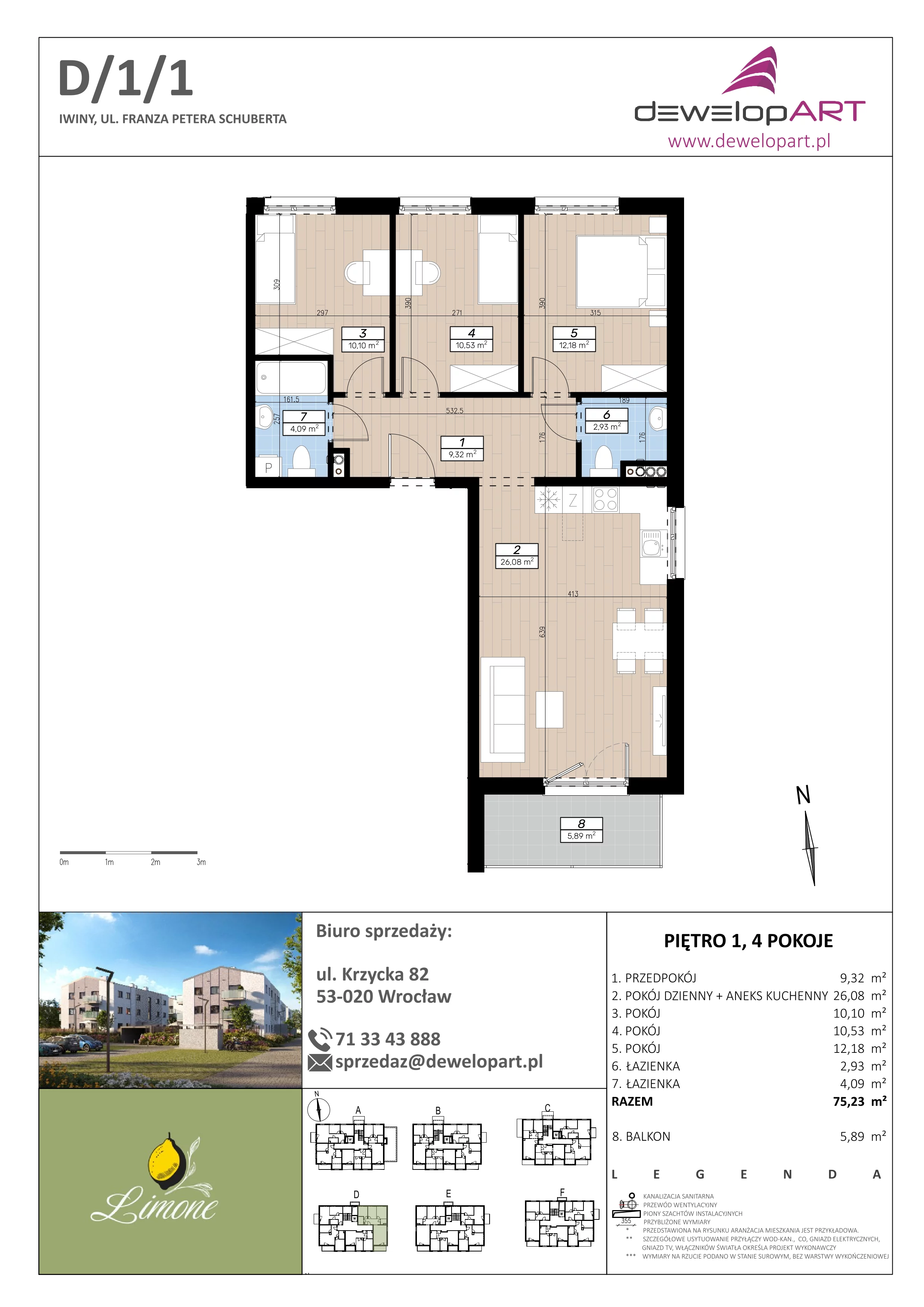 4 pokoje, mieszkanie 75,23 m², piętro 1, oferta nr D/1/1, Limone, Iwiny, ul. F. P. Schuberta