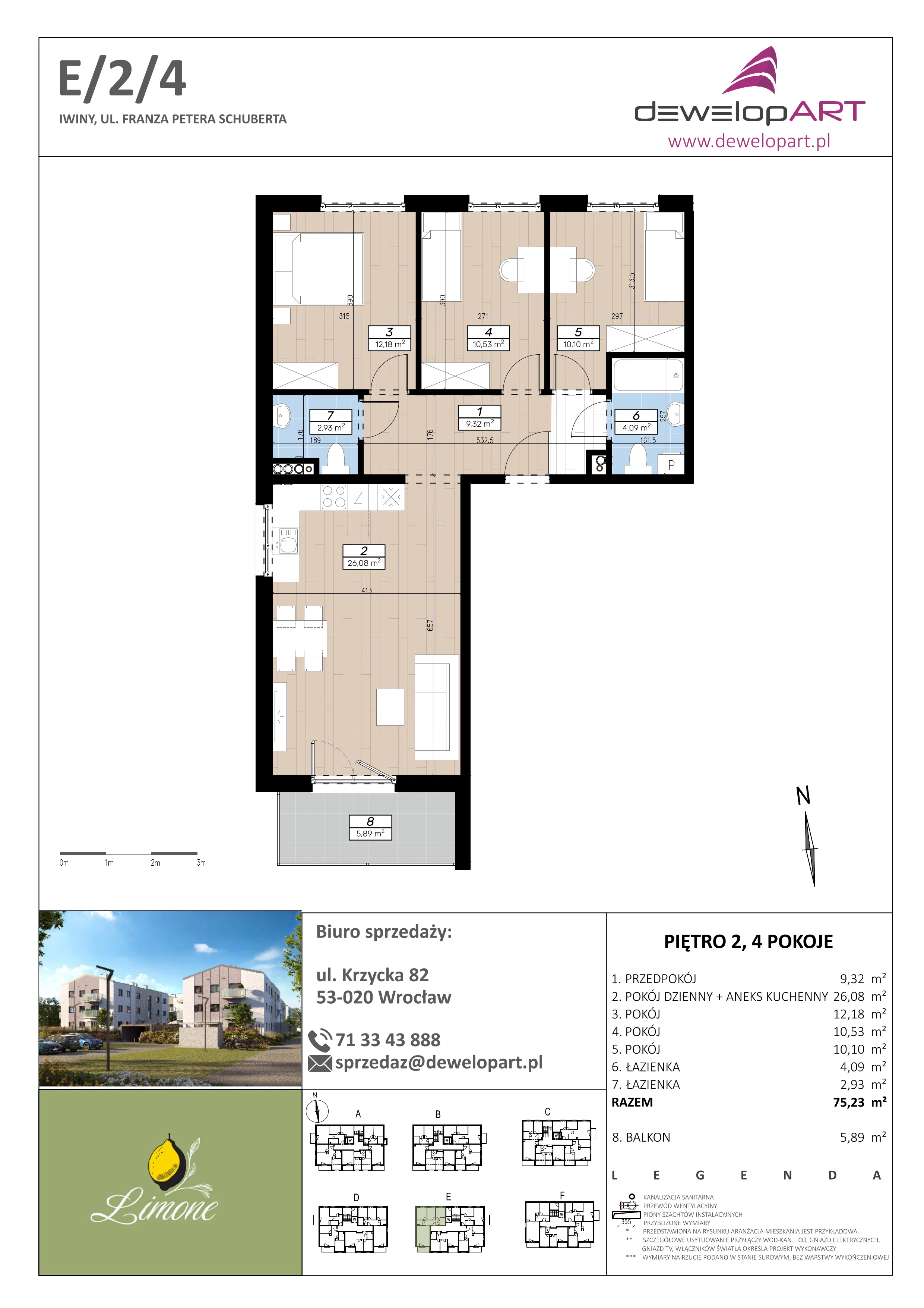 4 pokoje, mieszkanie 75,23 m², piętro 2, oferta nr E/2/4, Limone, Iwiny, ul. F. P. Schuberta