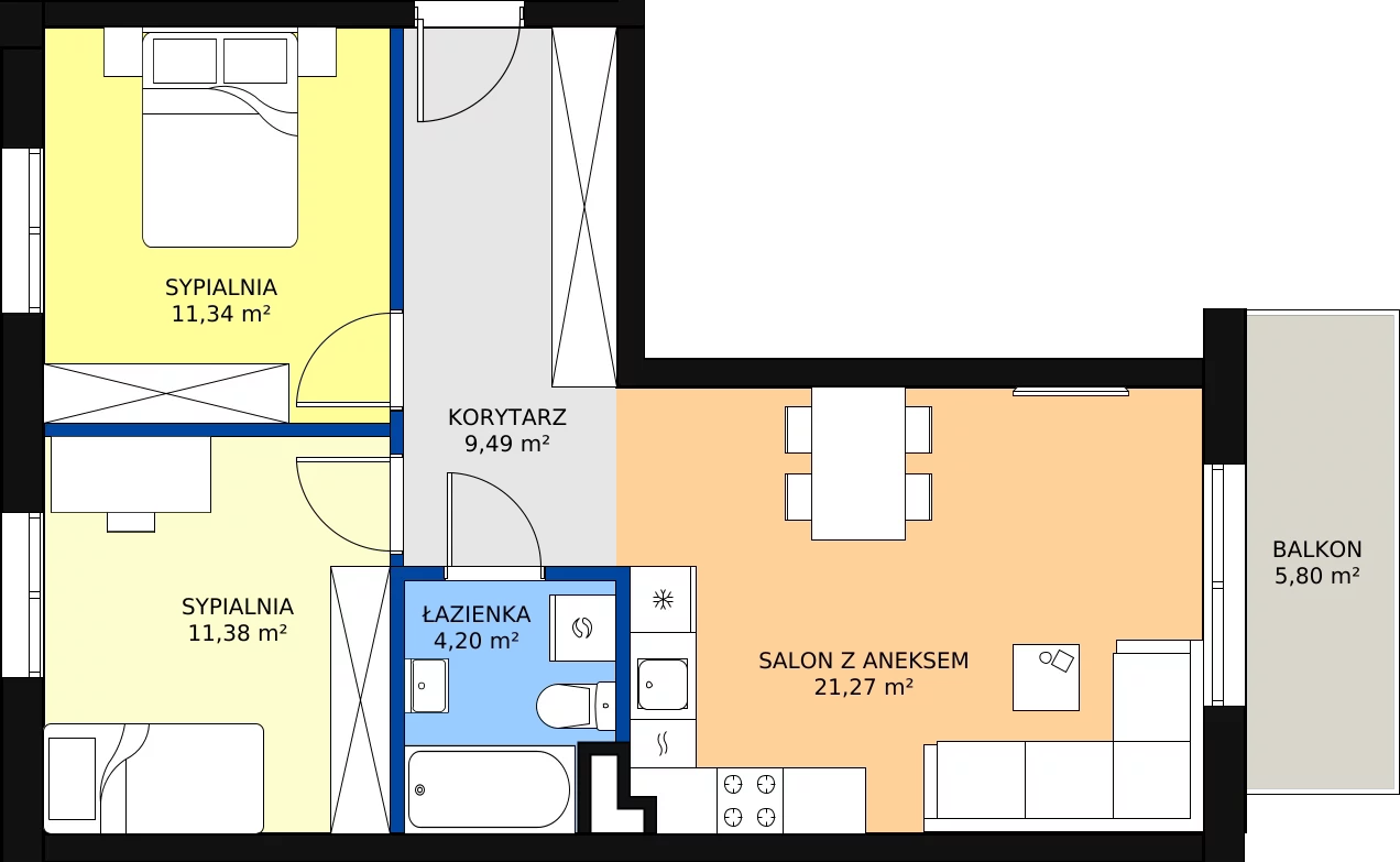 Zalety mieszkania 57.68 m², B1/2/1