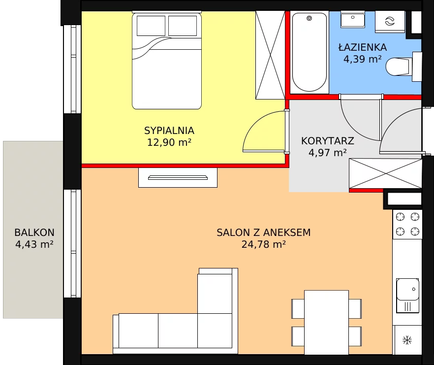 Mieszkanie 46,89 m², piętro 1, oferta nr K1/1/6, Riva, Wrocław, Maślice, ul. Ruczajowa