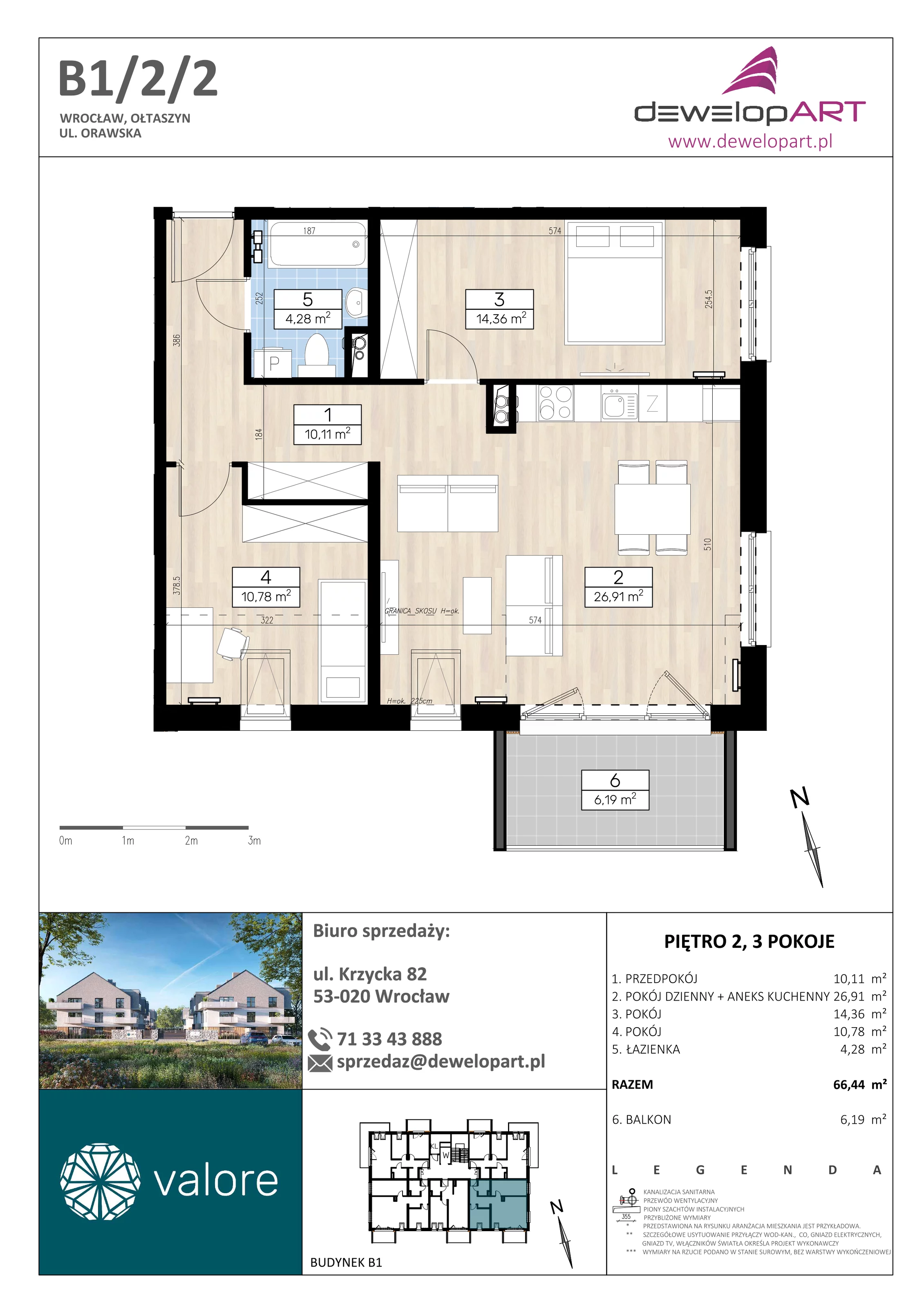 Mieszkanie 66,44 m², piętro 2, oferta nr B1/2/2, Valore, Wrocław, Ołtaszyn, ul. Orawska