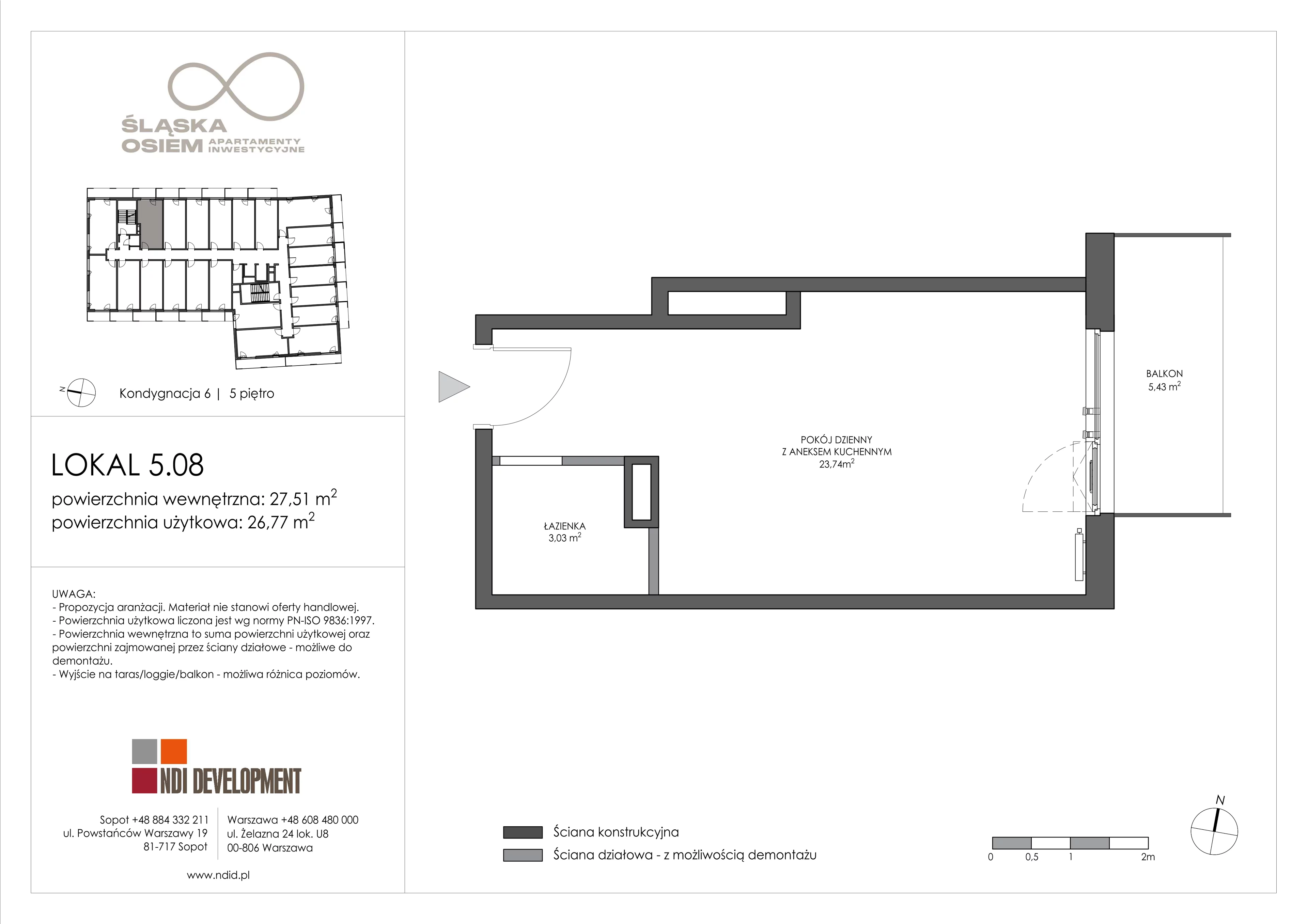 1 pokój, apartament inwestycyjny 27,51 m², piętro 5, oferta nr 5.08, Śląska Osiem, Gdańsk, Przymorze, ul. Śląska 8