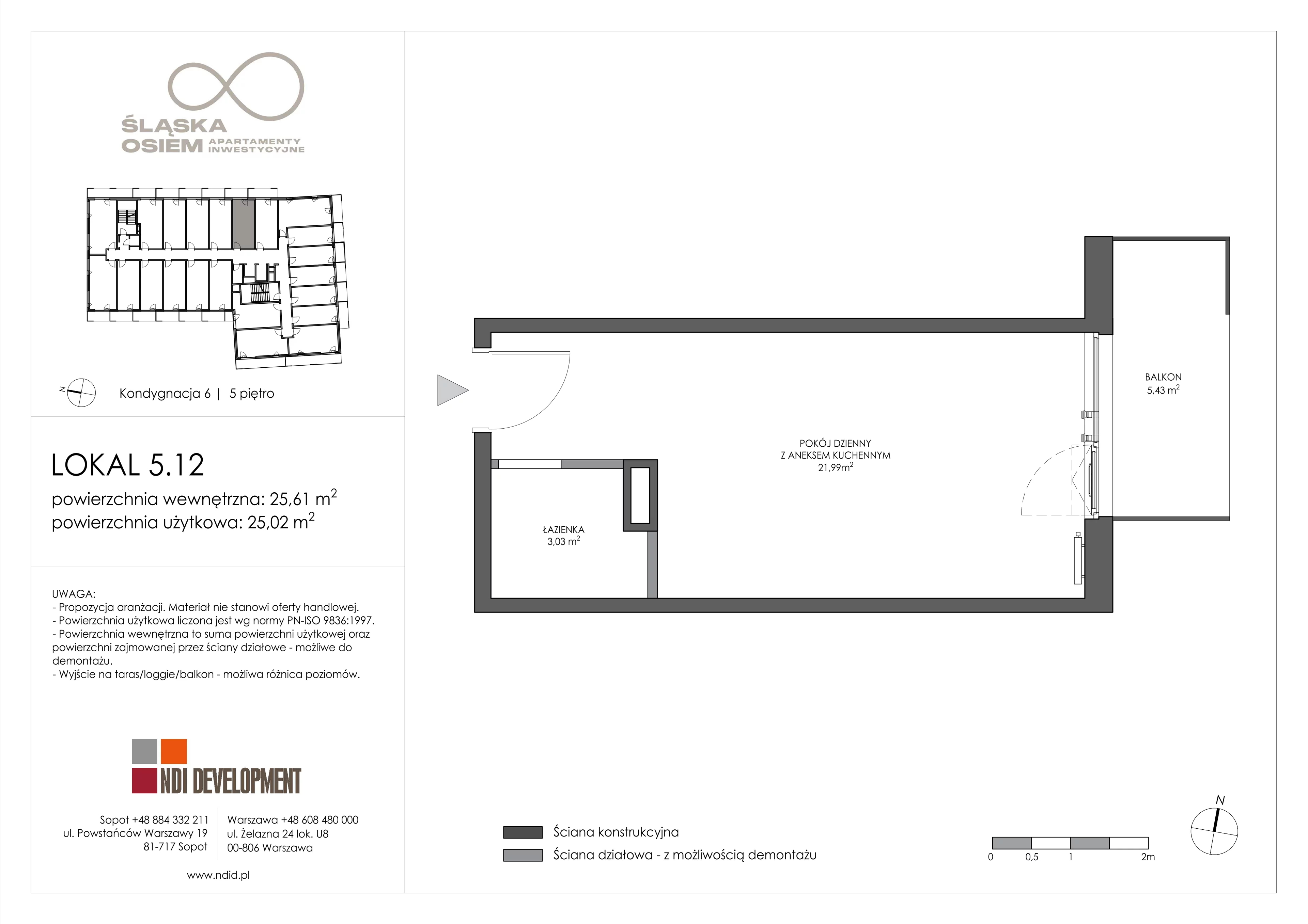 1 pokój, apartament inwestycyjny 25,61 m², piętro 5, oferta nr 5.12, Śląska Osiem, Gdańsk, Przymorze, ul. Śląska 8