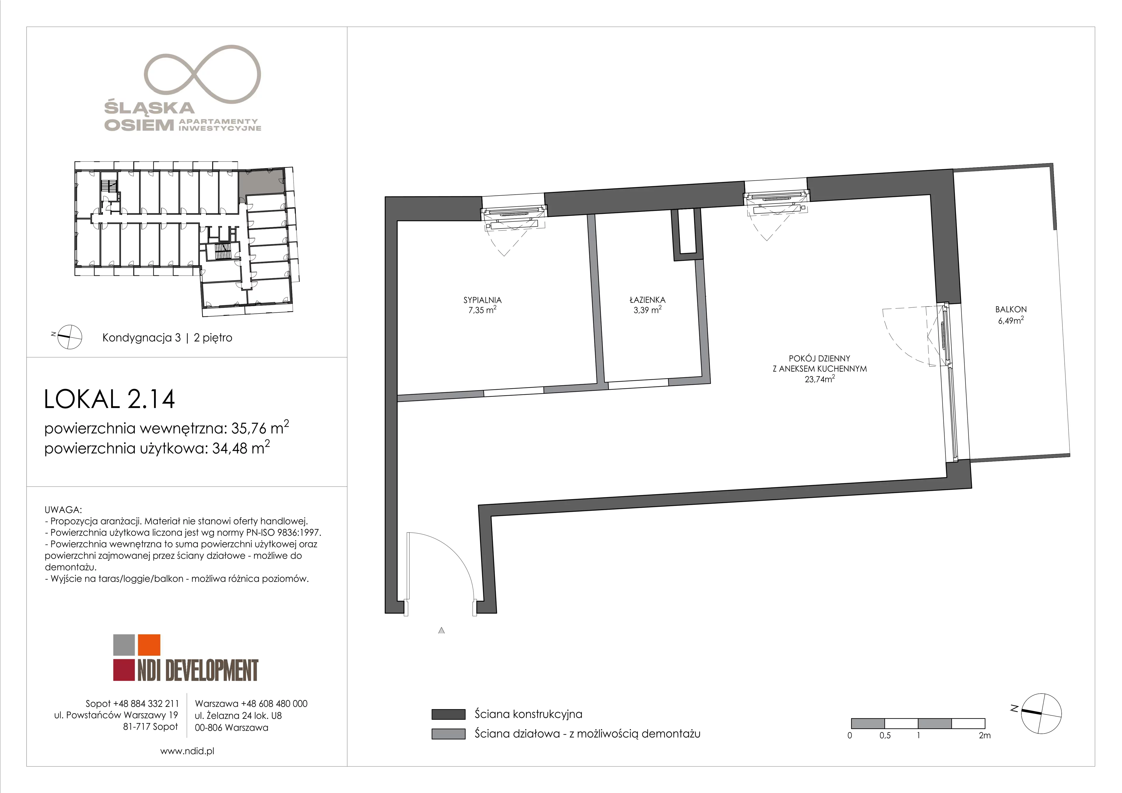 2 pokoje, apartament inwestycyjny 35,76 m², piętro 2, oferta nr 2.14, Śląska Osiem, Gdańsk, Przymorze, ul. Śląska 8