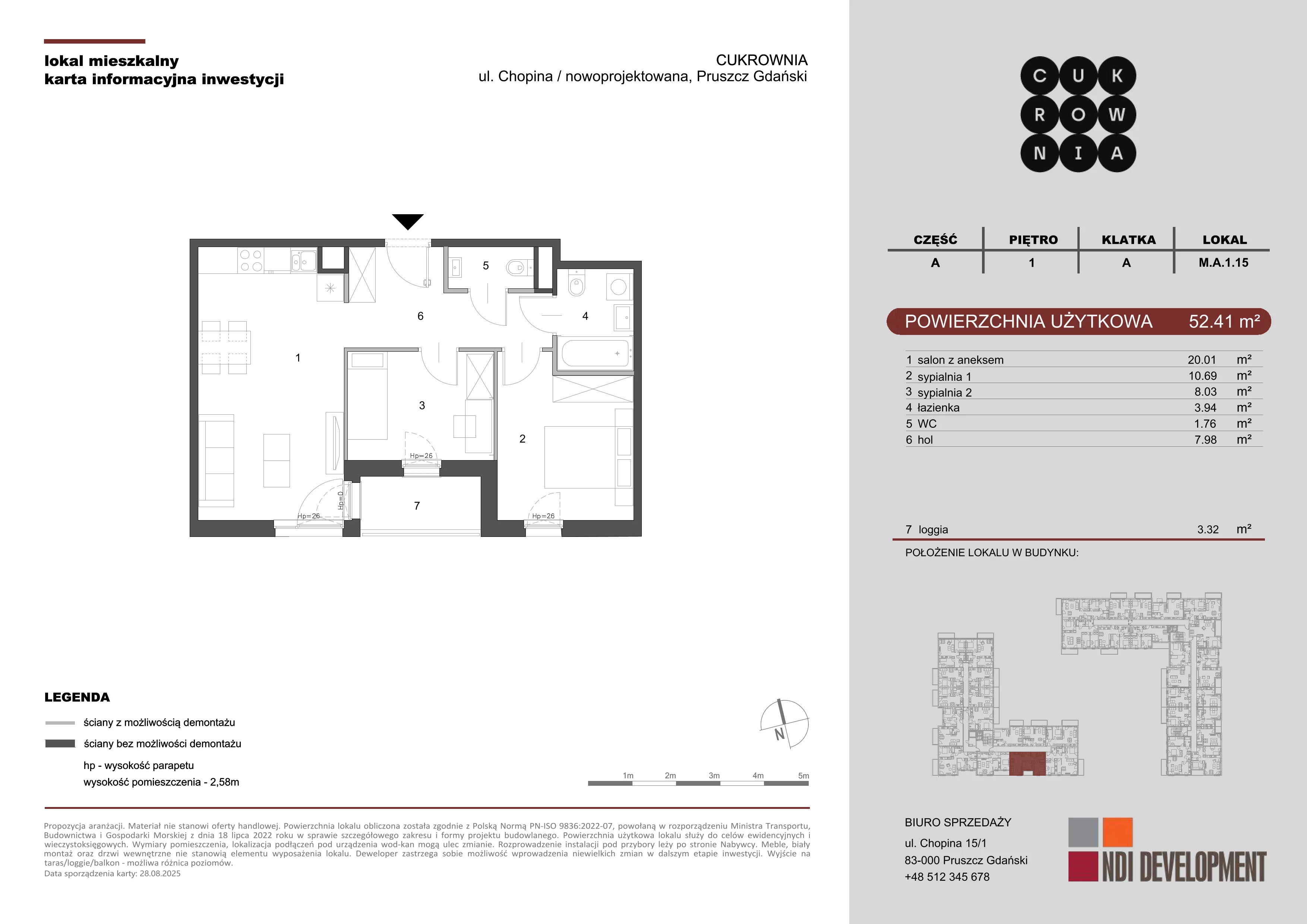 3 pokoje, mieszkanie 52,41 m², piętro 1, oferta nr M.A.1.015, Cukrownia, Pruszcz Gdański, ul. Chopina
