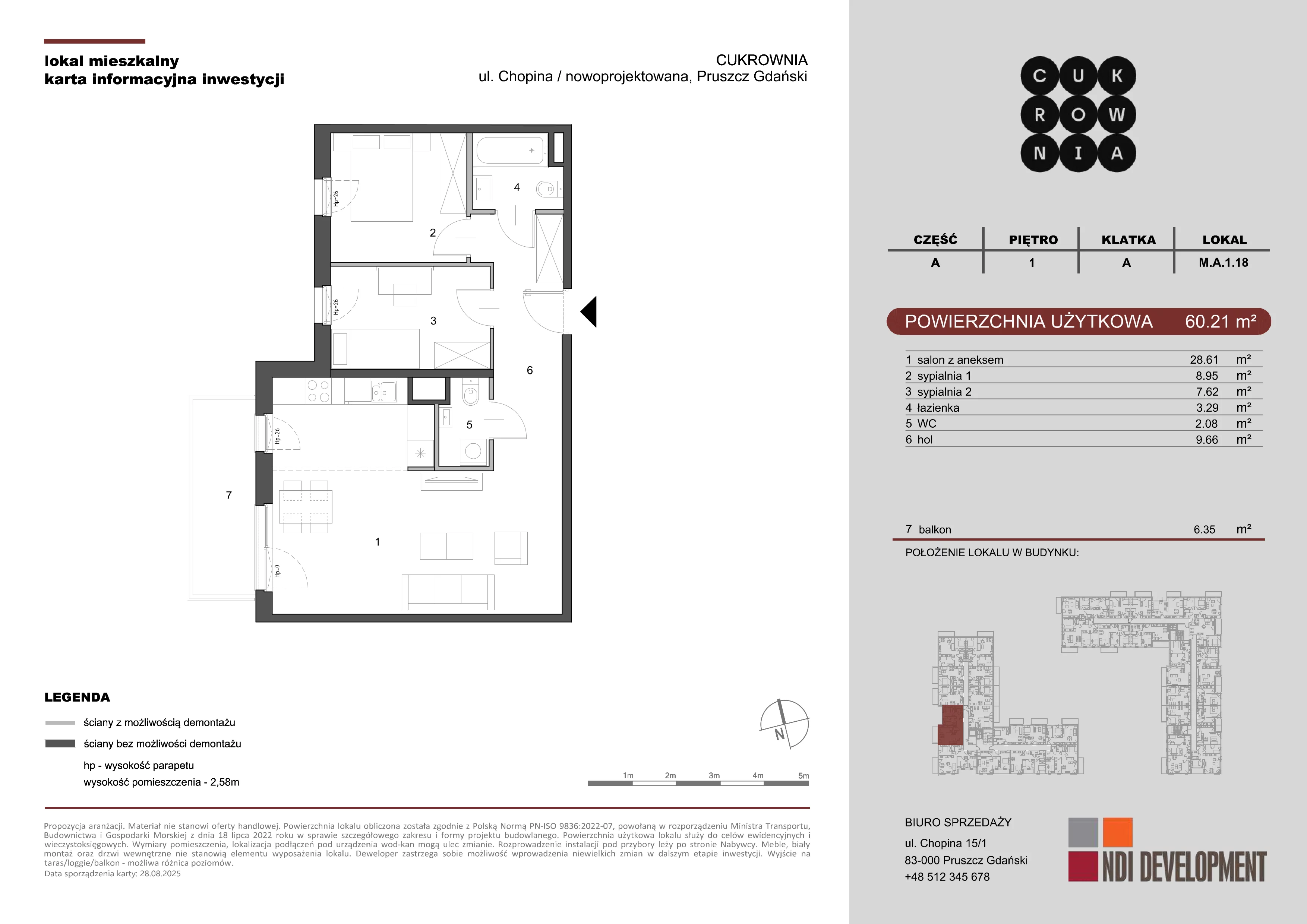 3 pokoje, mieszkanie 60,21 m², piętro 1, oferta nr M.A.1.018, Cukrownia, Pruszcz Gdański, ul. Chopina