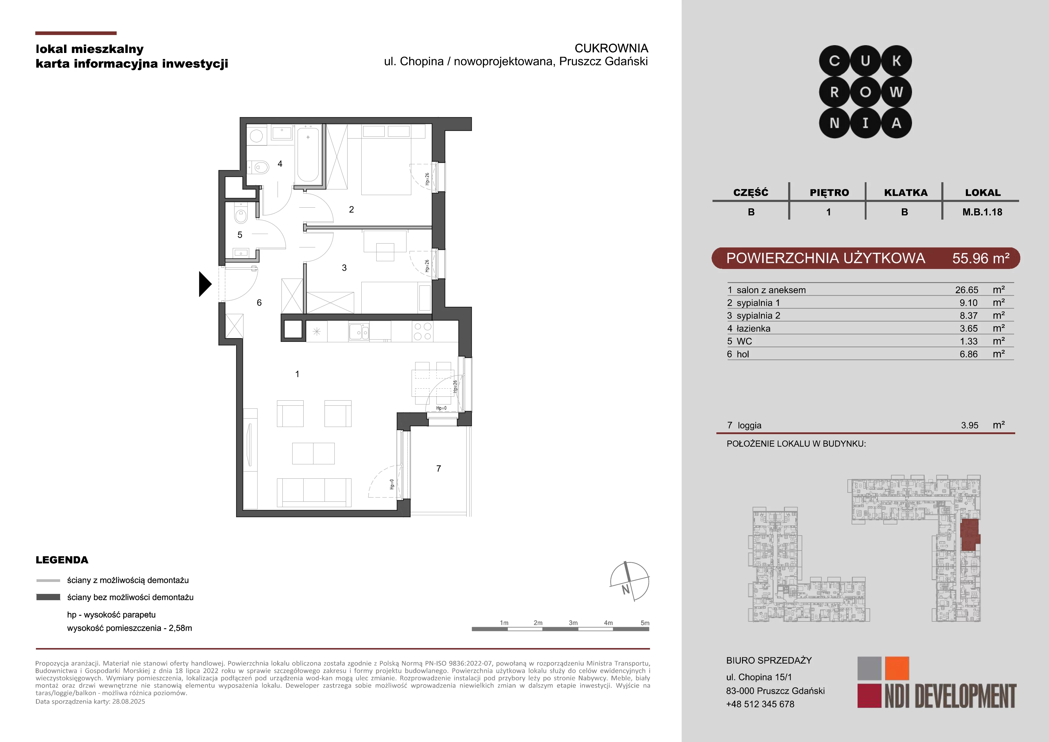 3 pokoje, mieszkanie 55,96 m², piętro 1, oferta nr M.B.1.018, Cukrownia, Pruszcz Gdański, ul. Chopina