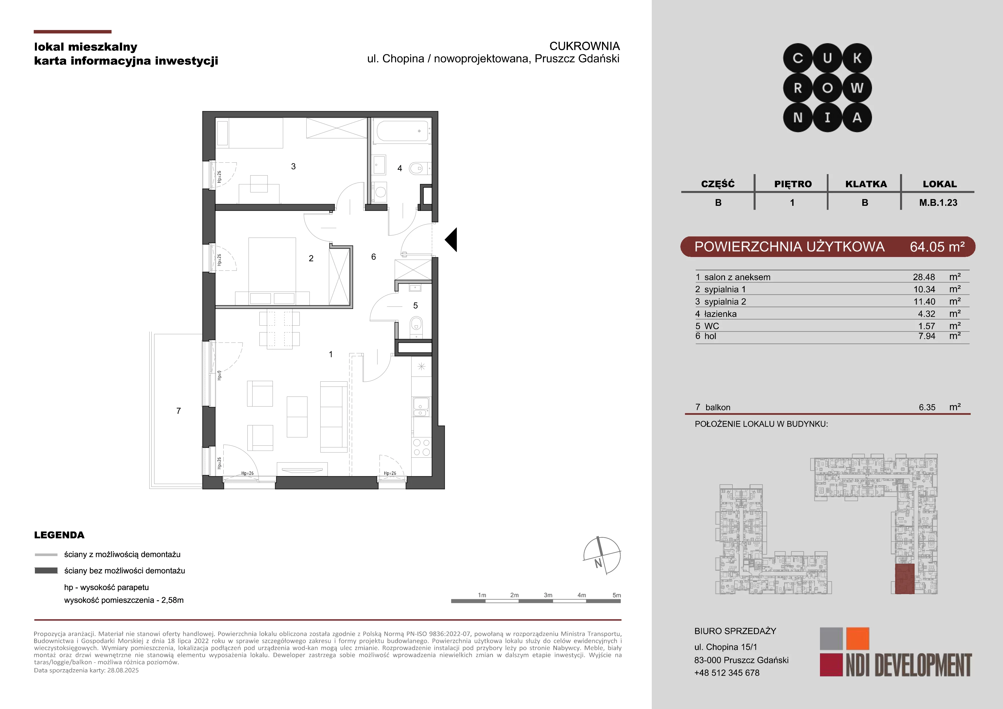 3 pokoje, mieszkanie 64,05 m², piętro 1, oferta nr M.B.1.023, Cukrownia, Pruszcz Gdański, ul. Chopina