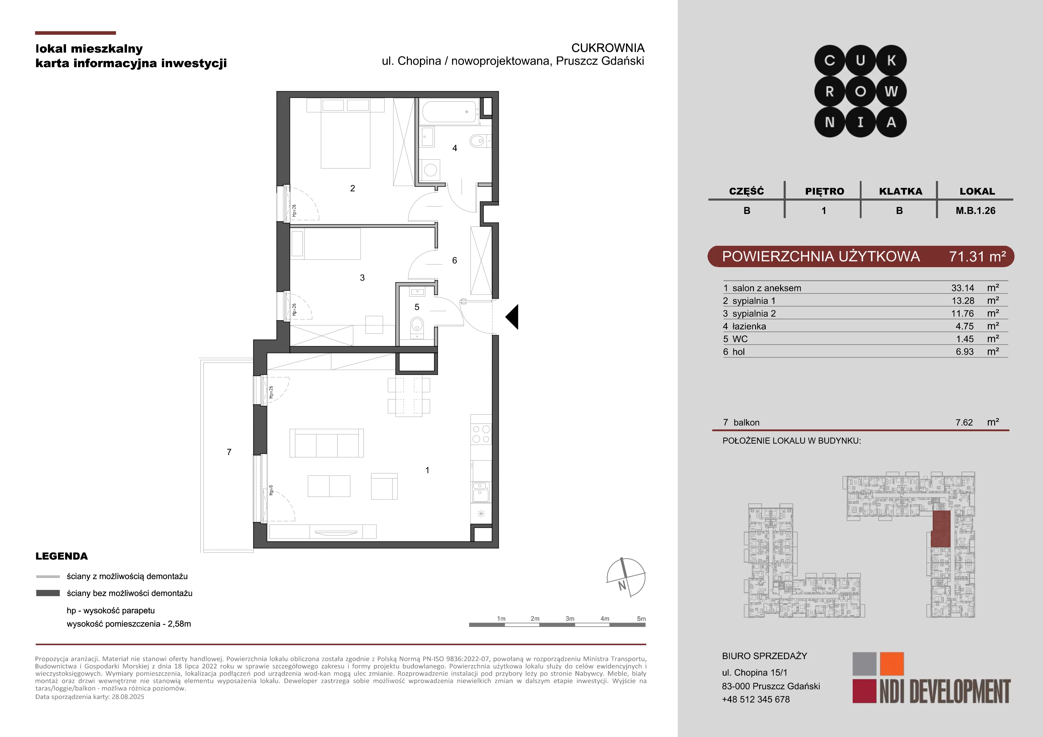 3 pokoje, mieszkanie 71,31 m², piętro 1, oferta nr M.B.1.026, Cukrownia, Pruszcz Gdański, ul. Chopina