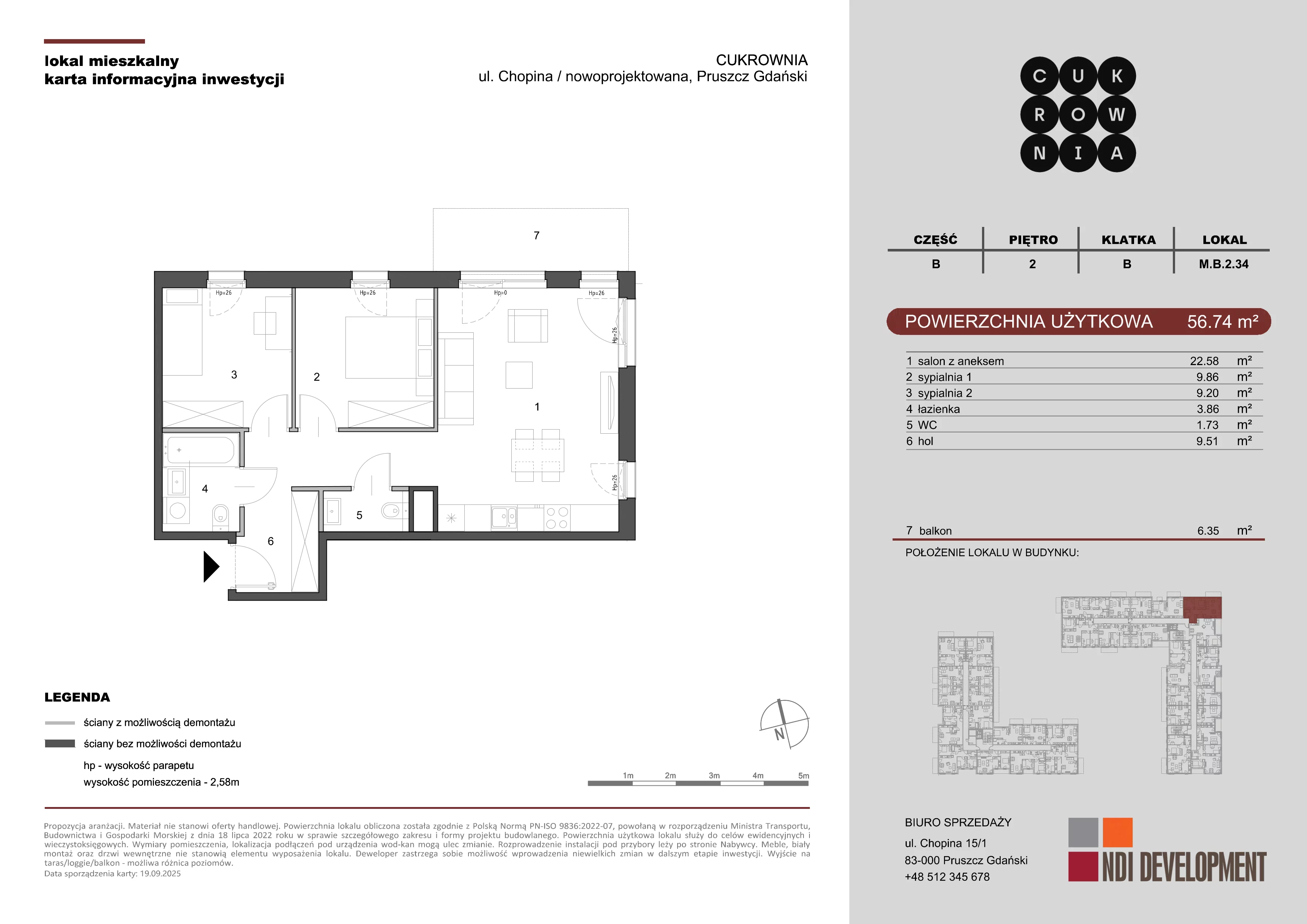 3 pokoje, mieszkanie 56,74 m², piętro 2, oferta nr M.B.2.034, Cukrownia, Pruszcz Gdański, ul. Chopina