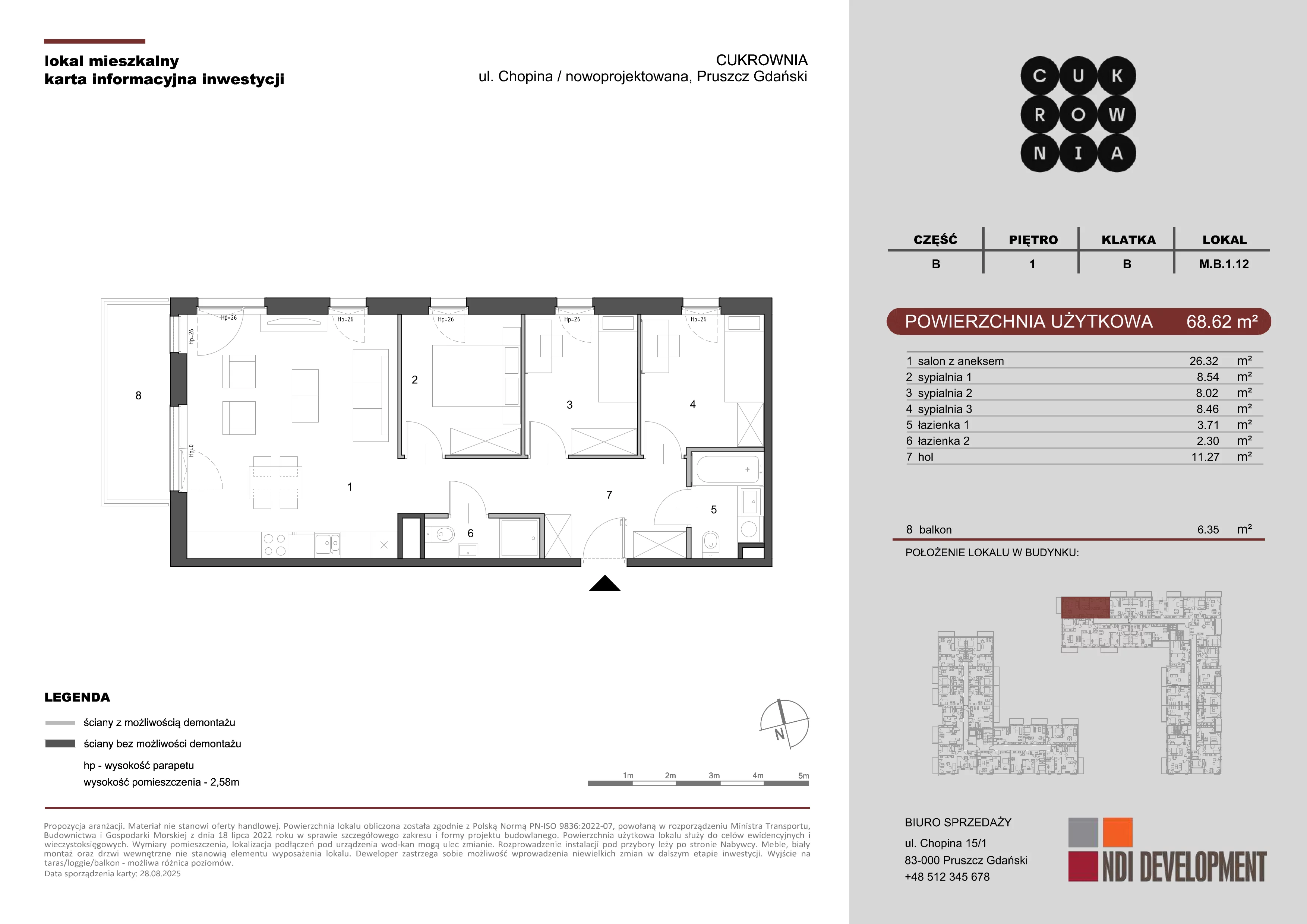 4 pokoje, mieszkanie 68,62 m², piętro 1, oferta nr M.B.1.012, Cukrownia, Pruszcz Gdański, ul. Chopina