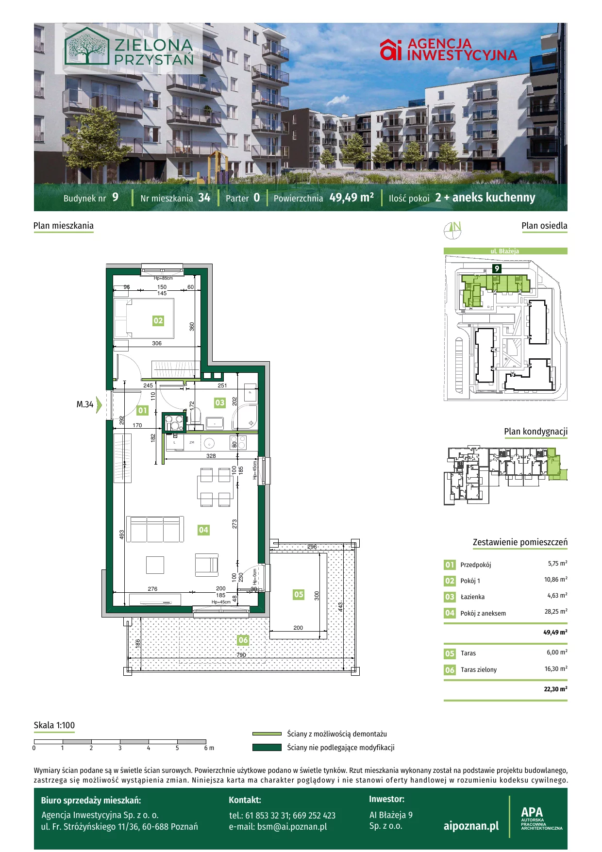 2 pokoje, mieszkanie 49,49 m², parter, oferta nr 34, Zielona Przystań, Poznań, Naramowice, ul. Błażeja 9