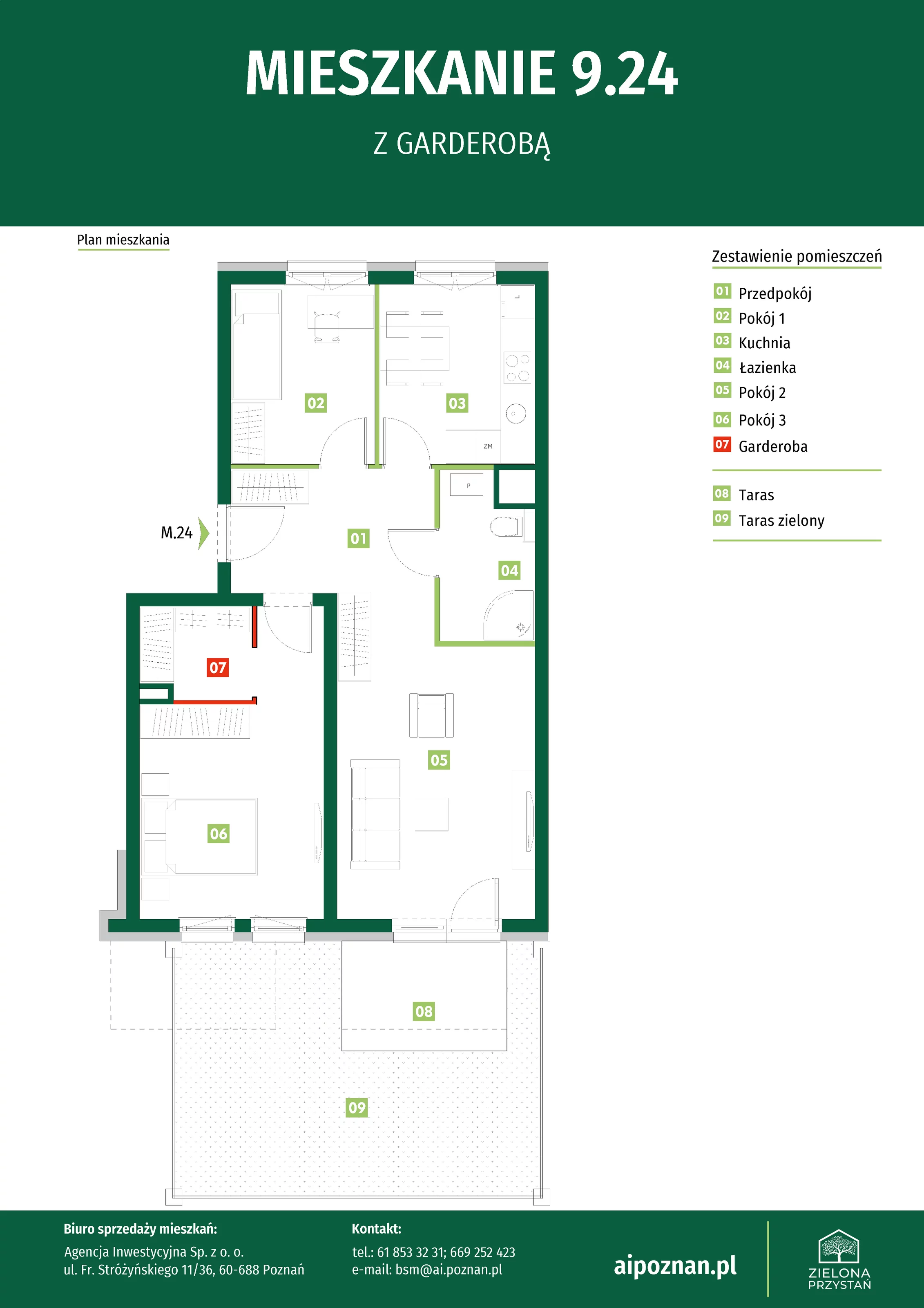 3 pokoje, mieszkanie 68,60 m², parter, oferta nr 24, Zielona Przystań, Poznań, Naramowice, ul. Błażeja 9