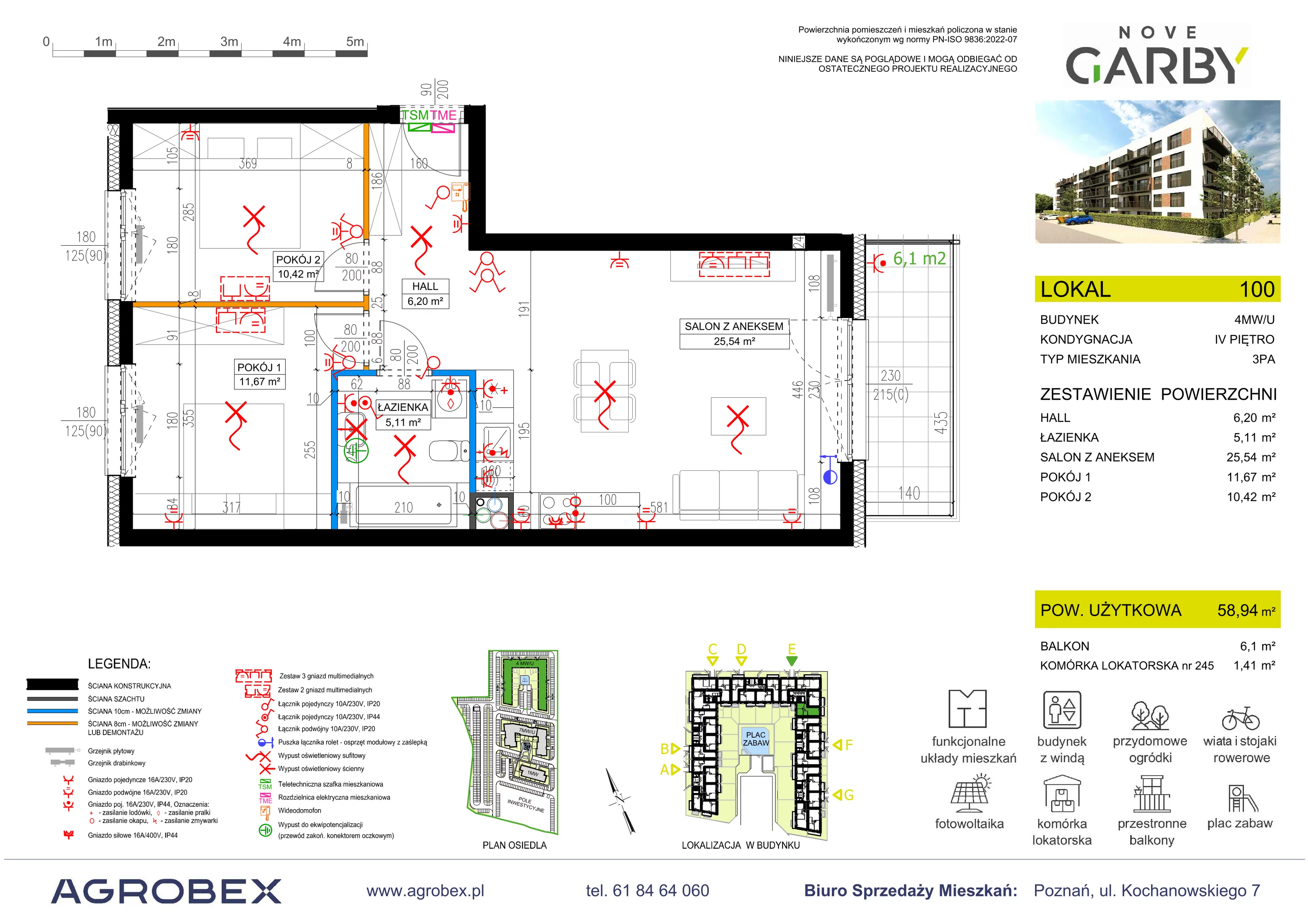 3 pokoje, mieszkanie 58,94 m², piętro 4, oferta nr 100, Nove Garby - Etap 2, Garby, ul. Tulecka