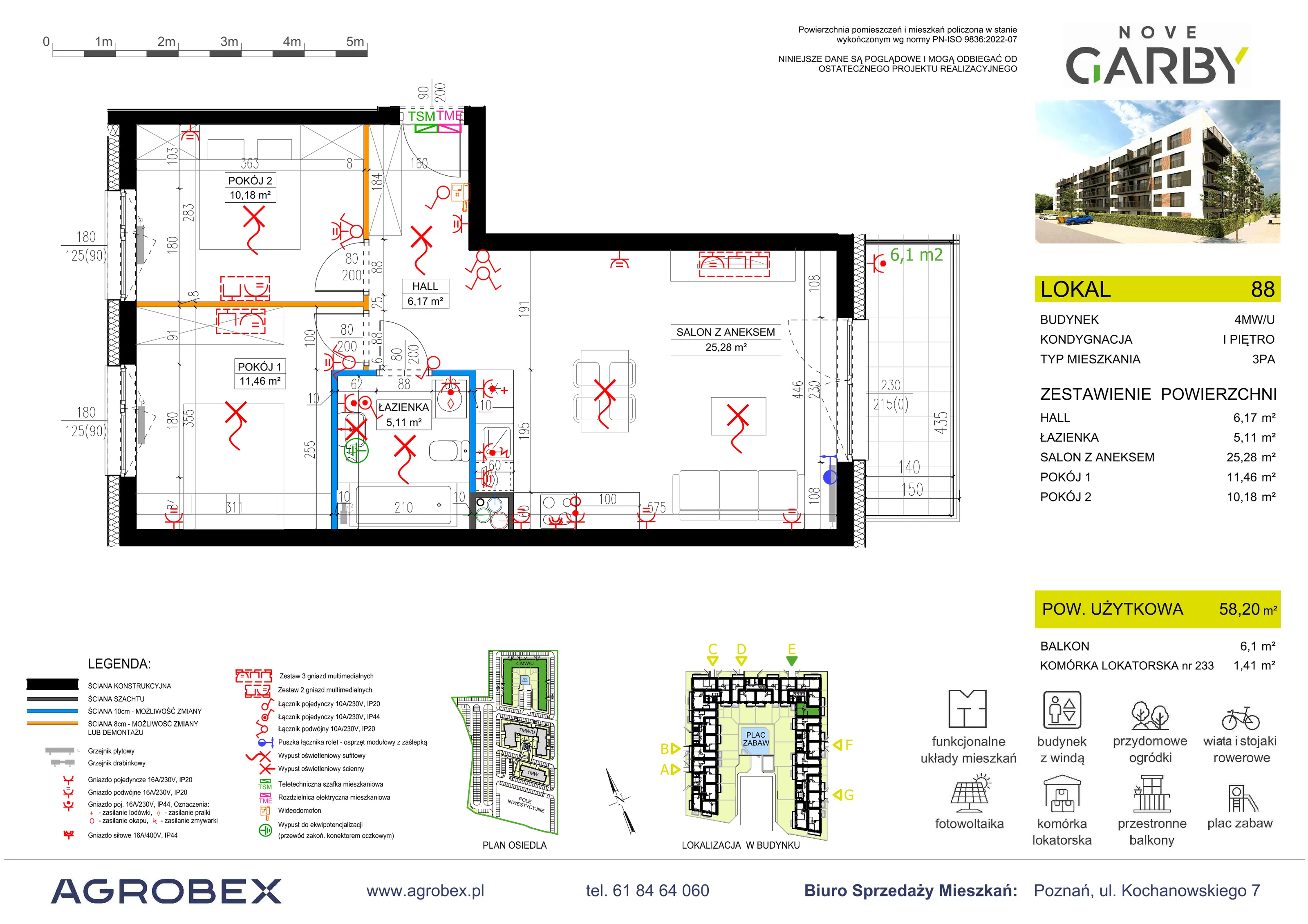 3 pokoje, mieszkanie 58,20 m², piętro 1, oferta nr 88, Nove Garby - Etap 2, Garby, ul. Tulecka