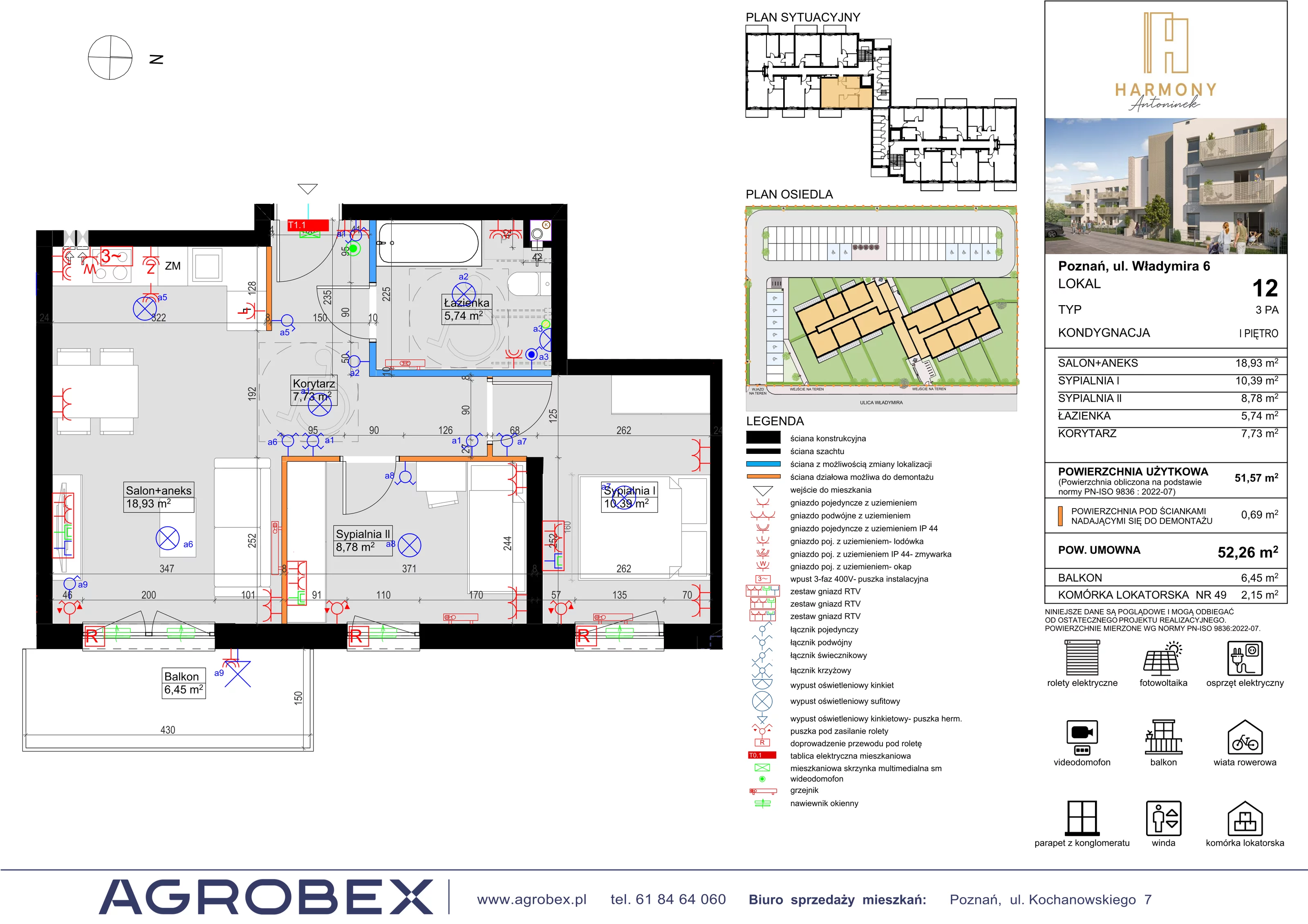 3 pokoje, mieszkanie 51,57 m², piętro 1, oferta nr 12, Harmony Antoninek, Poznań, Antoninek-Zieliniec-Kobylepole, Antoninek, ul. Władymira 6