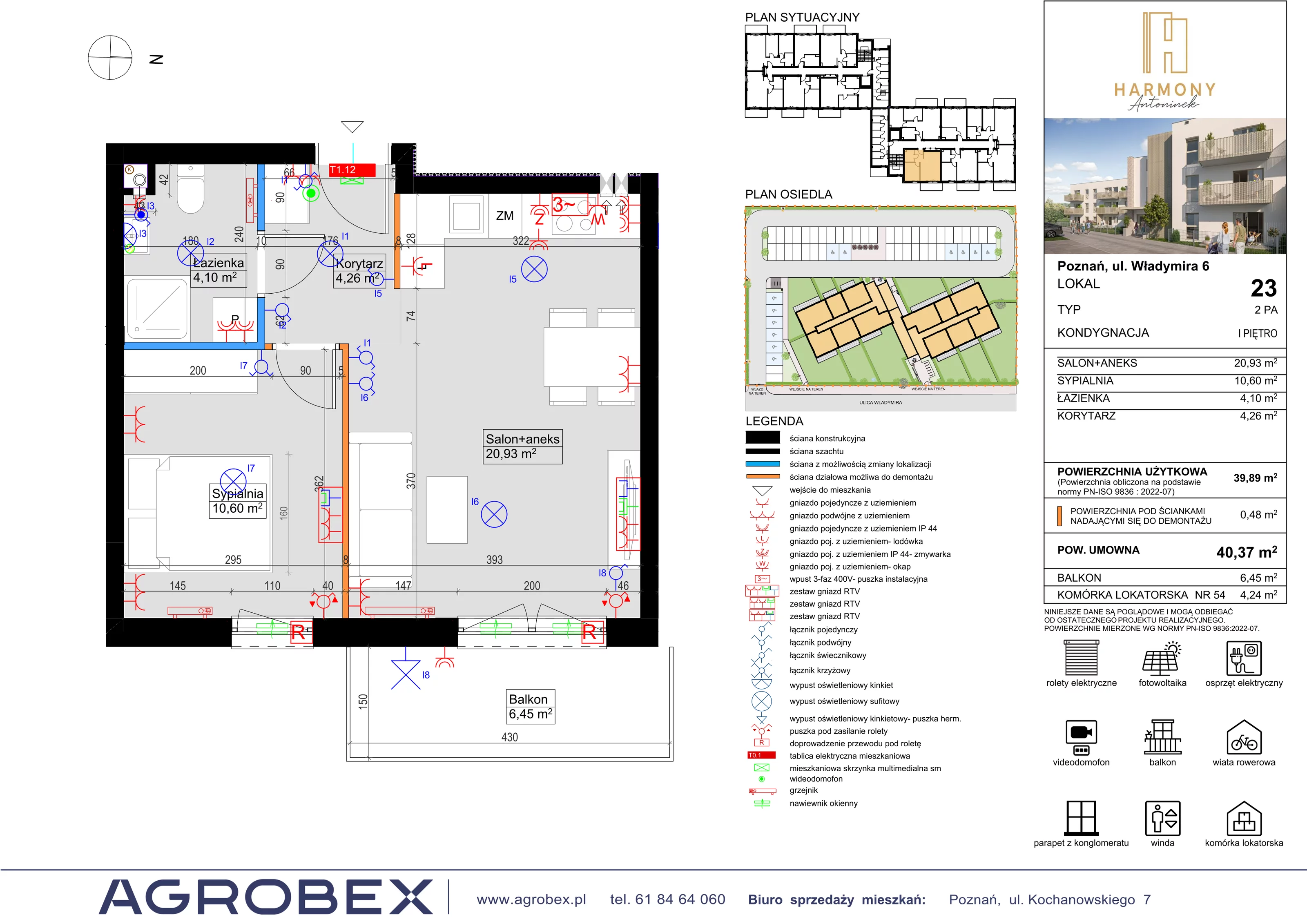 2 pokoje, mieszkanie 39,89 m², piętro 1, oferta nr 23, Harmony Antoninek, Poznań, Antoninek-Zieliniec-Kobylepole, Antoninek, ul. Władymira 6