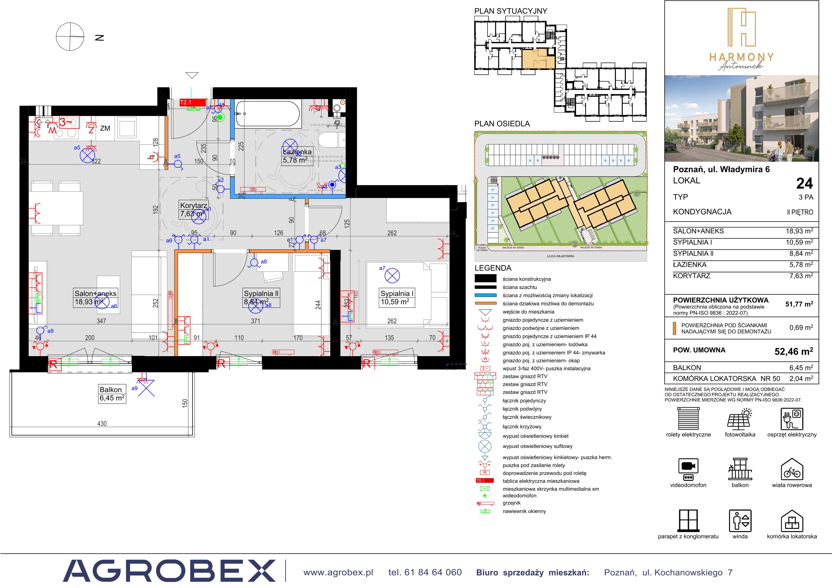 3 pokoje, mieszkanie 51,77 m², piętro 2, oferta nr 24, Harmony Antoninek, Poznań, Antoninek-Zieliniec-Kobylepole, Antoninek, ul. Władymira 6