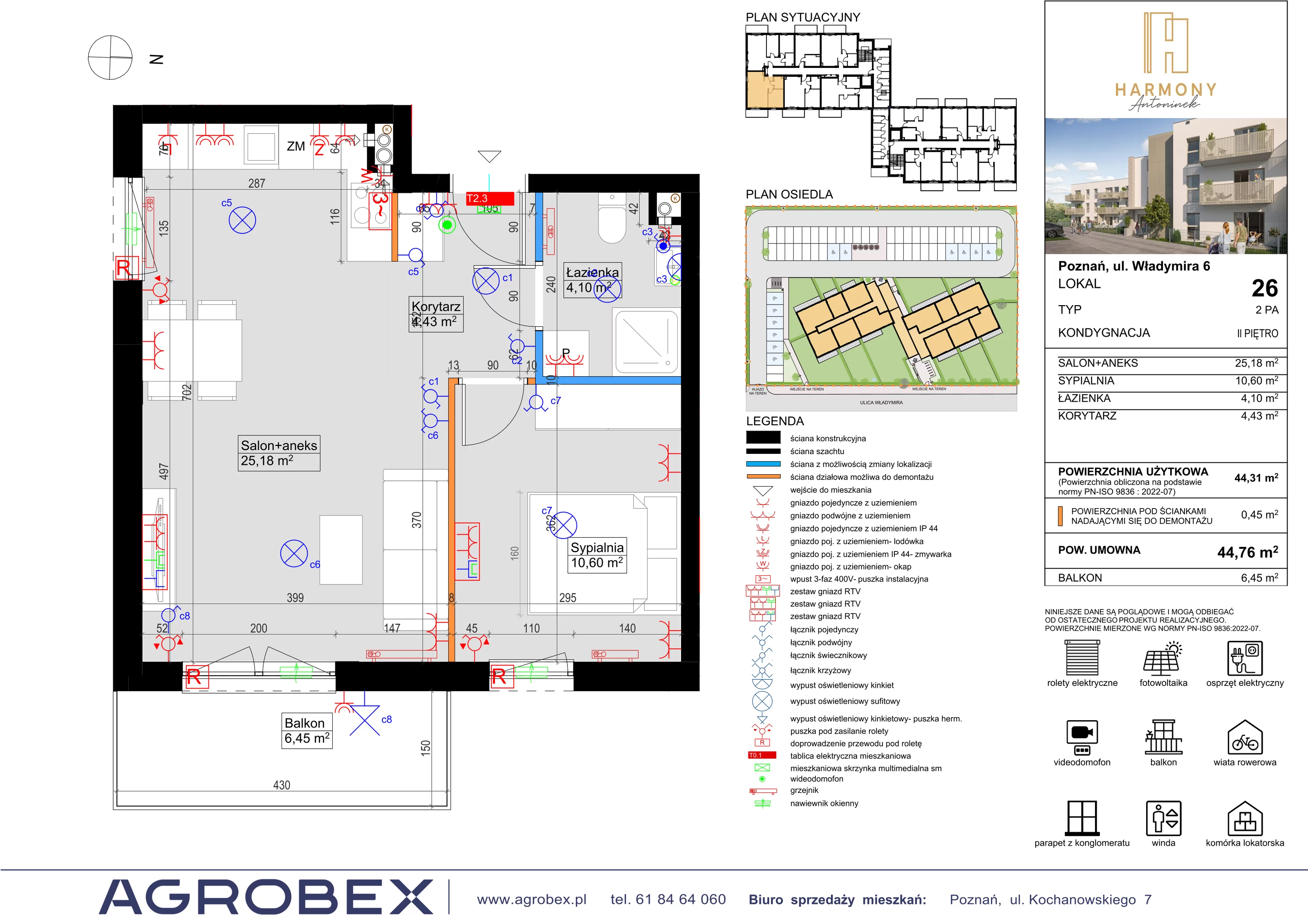 2 pokoje, mieszkanie 44,31 m², piętro 2, oferta nr 26, Harmony Antoninek, Poznań, Antoninek-Zieliniec-Kobylepole, Antoninek, ul. Władymira 6