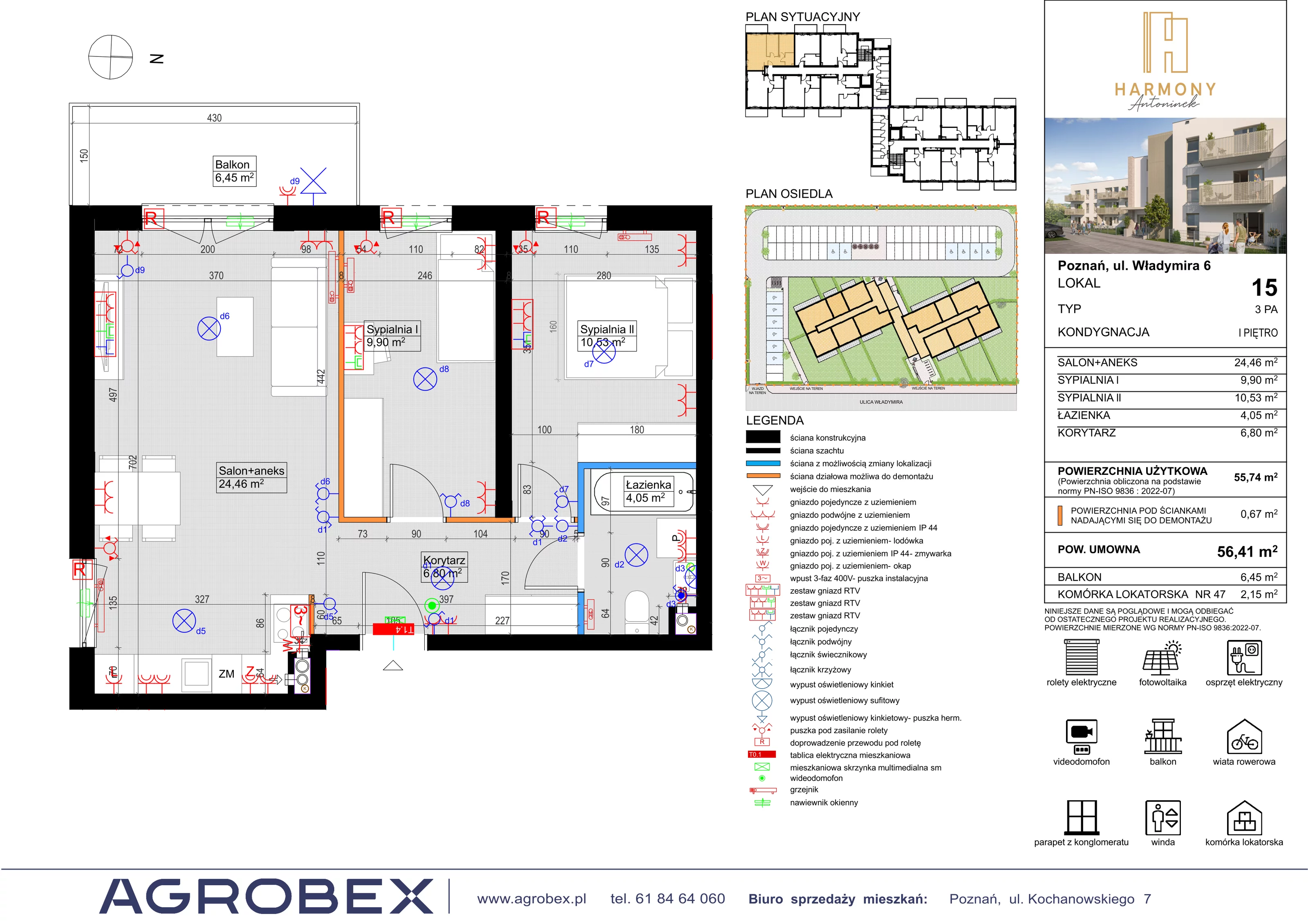3 pokoje, mieszkanie 55,74 m², piętro 1, oferta nr 15, Harmony Antoninek, Poznań, Antoninek-Zieliniec-Kobylepole, Antoninek, ul. Władymira 6