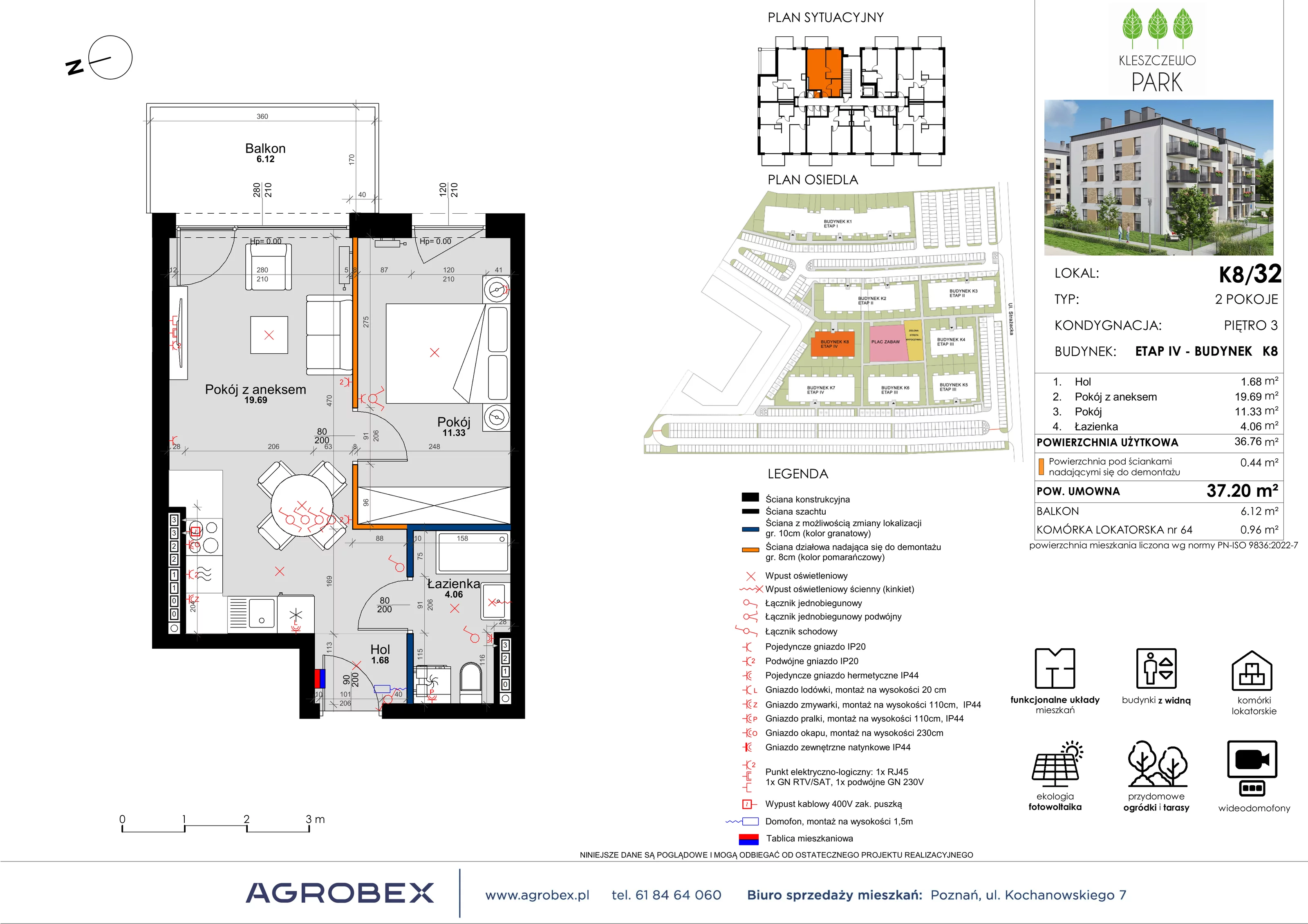 Mieszkanie 37,15 m², piętro 3, oferta nr K8/32, Kleszczewo Park, Kleszczewo, ul. Wiesławy Szymborskiej 1