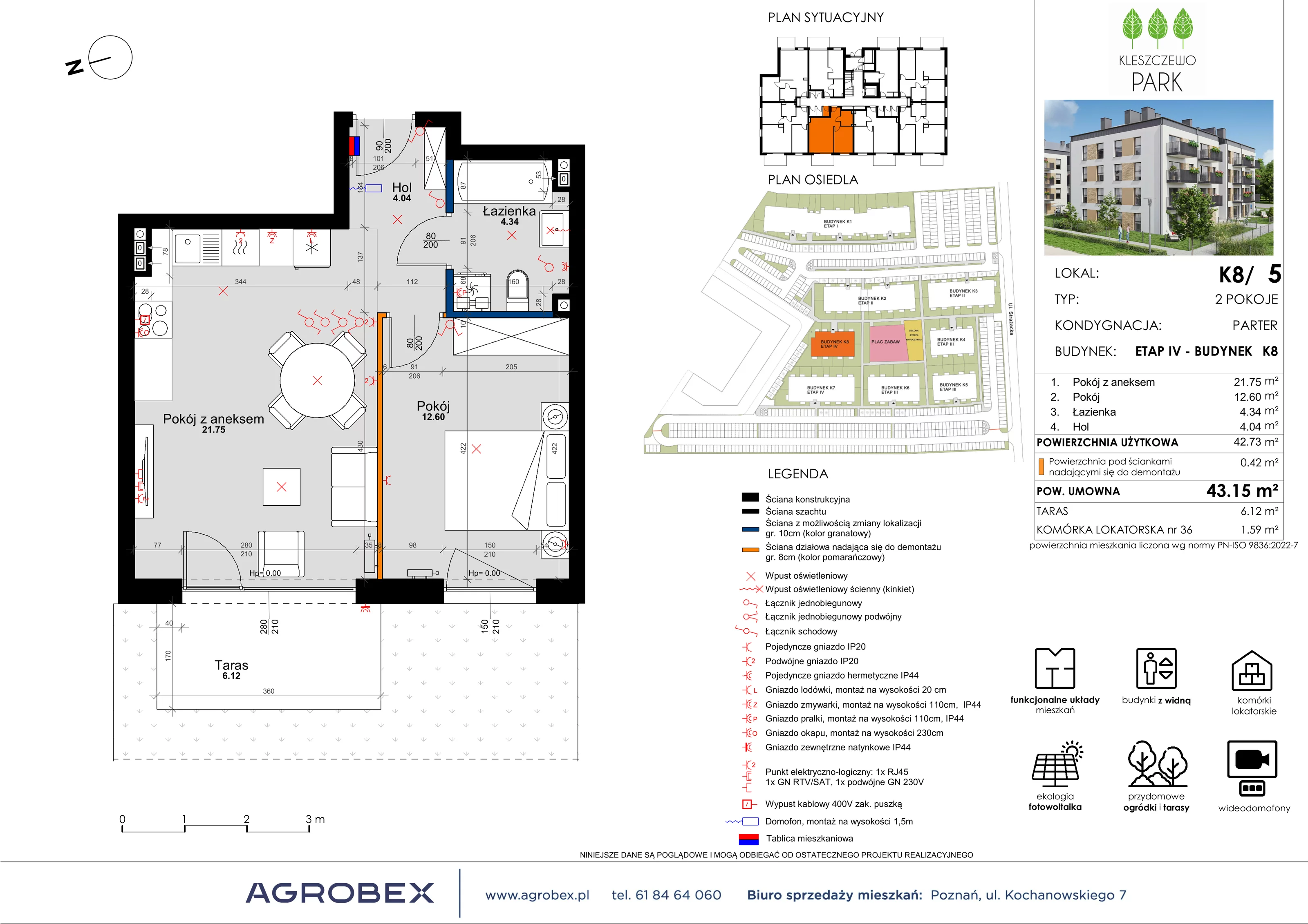 Mieszkanie 43,15 m², parter, oferta nr K8/5, Kleszczewo Park, Kleszczewo, ul. Wiesławy Szymborskiej 1