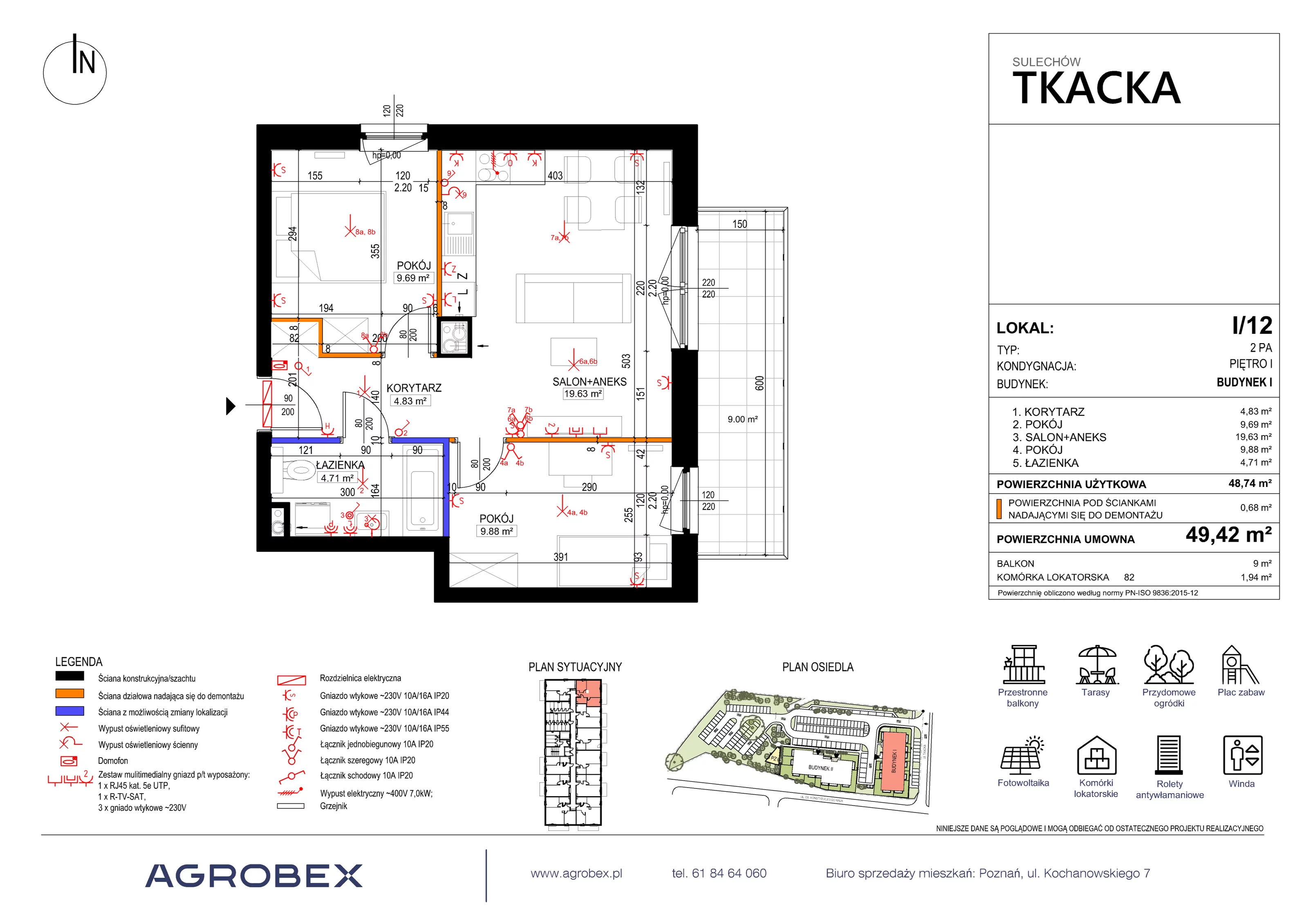 3 pokoje, mieszkanie 49,42 m², piętro 1, oferta nr 1/12, Osiedle Tkacka, Sulechów, ul. Tkacka