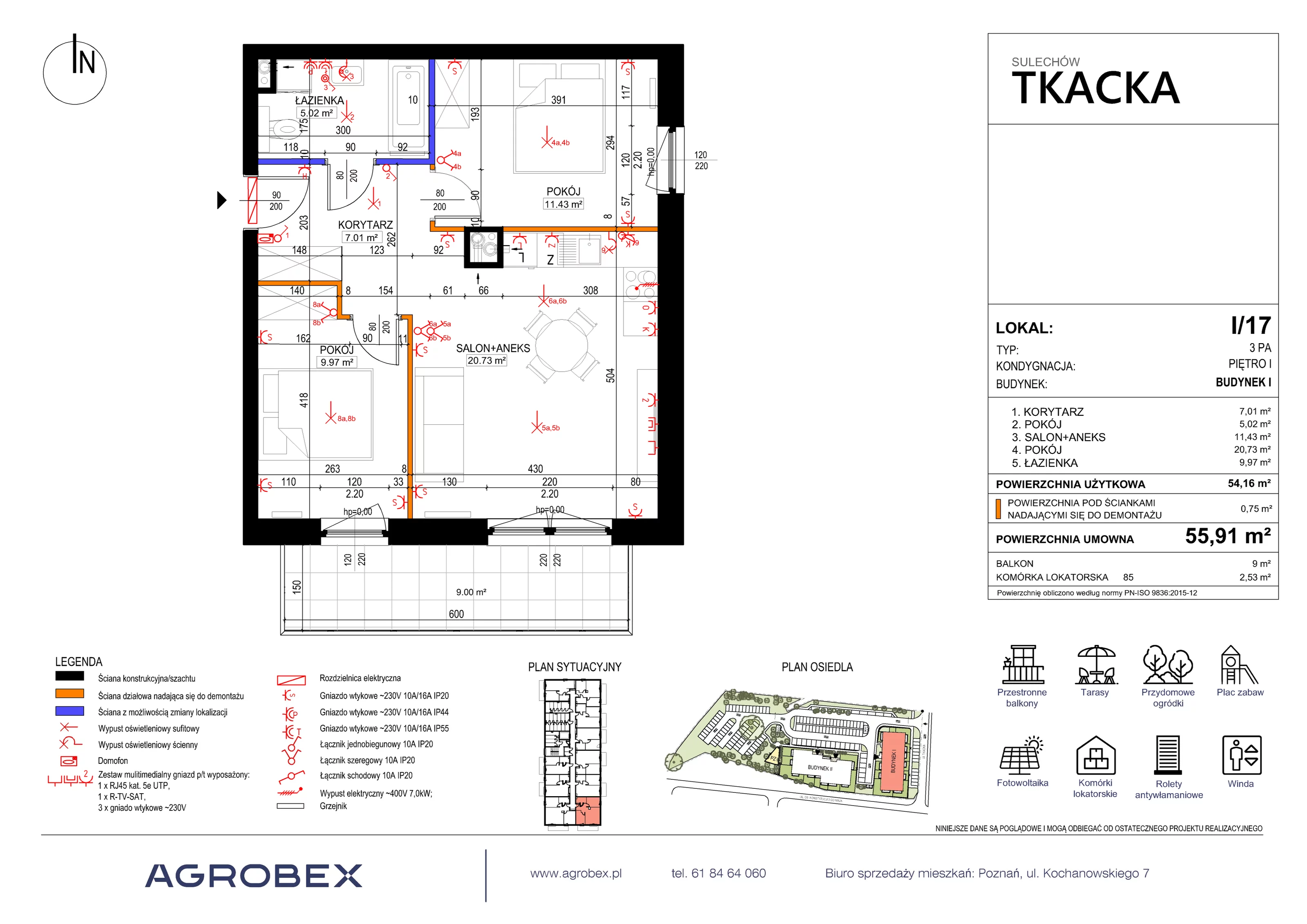 3 pokoje, mieszkanie 54,91 m², piętro 1, oferta nr 1/17, Osiedle Tkacka, Sulechów, ul. Tkacka