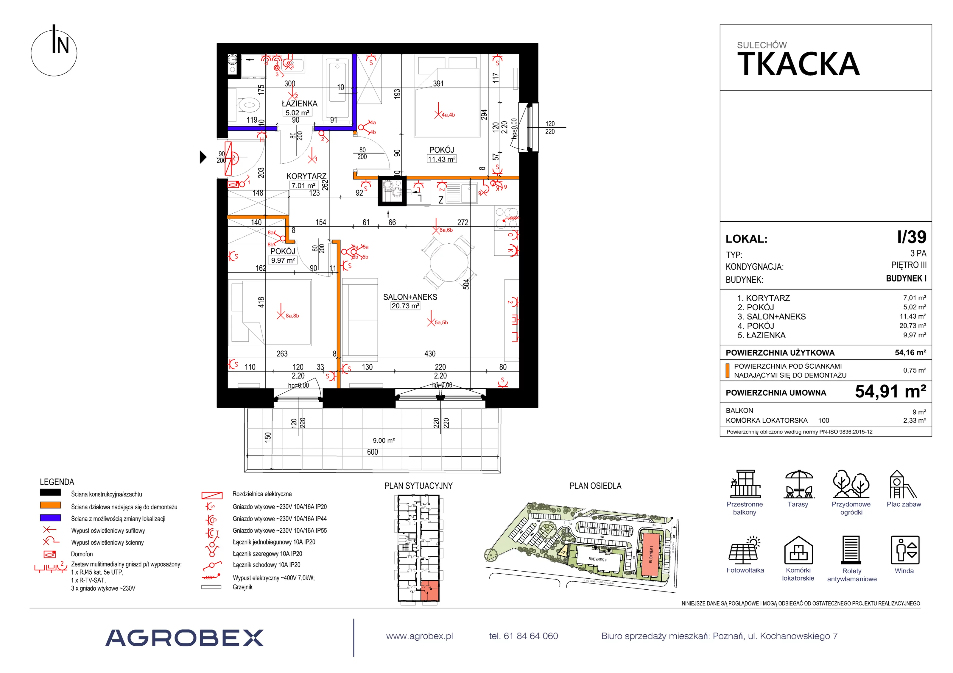 3 pokoje, mieszkanie 54,91 m², piętro 3, oferta nr 1/39, Osiedle Tkacka, Sulechów, ul. Tkacka