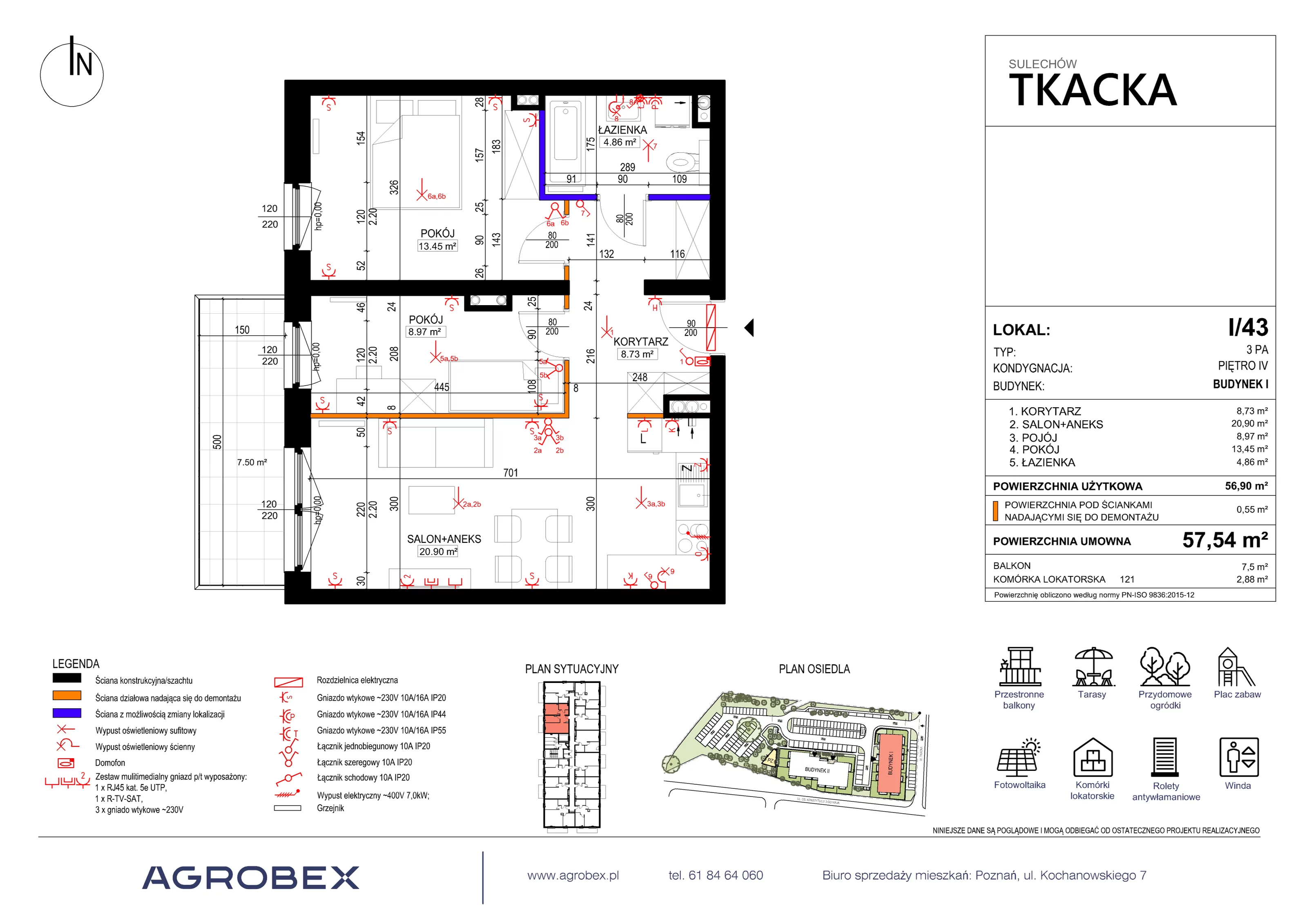 3 pokoje, mieszkanie 57,54 m², piętro 4, oferta nr 1/43, Osiedle Tkacka, Sulechów, ul. Tkacka