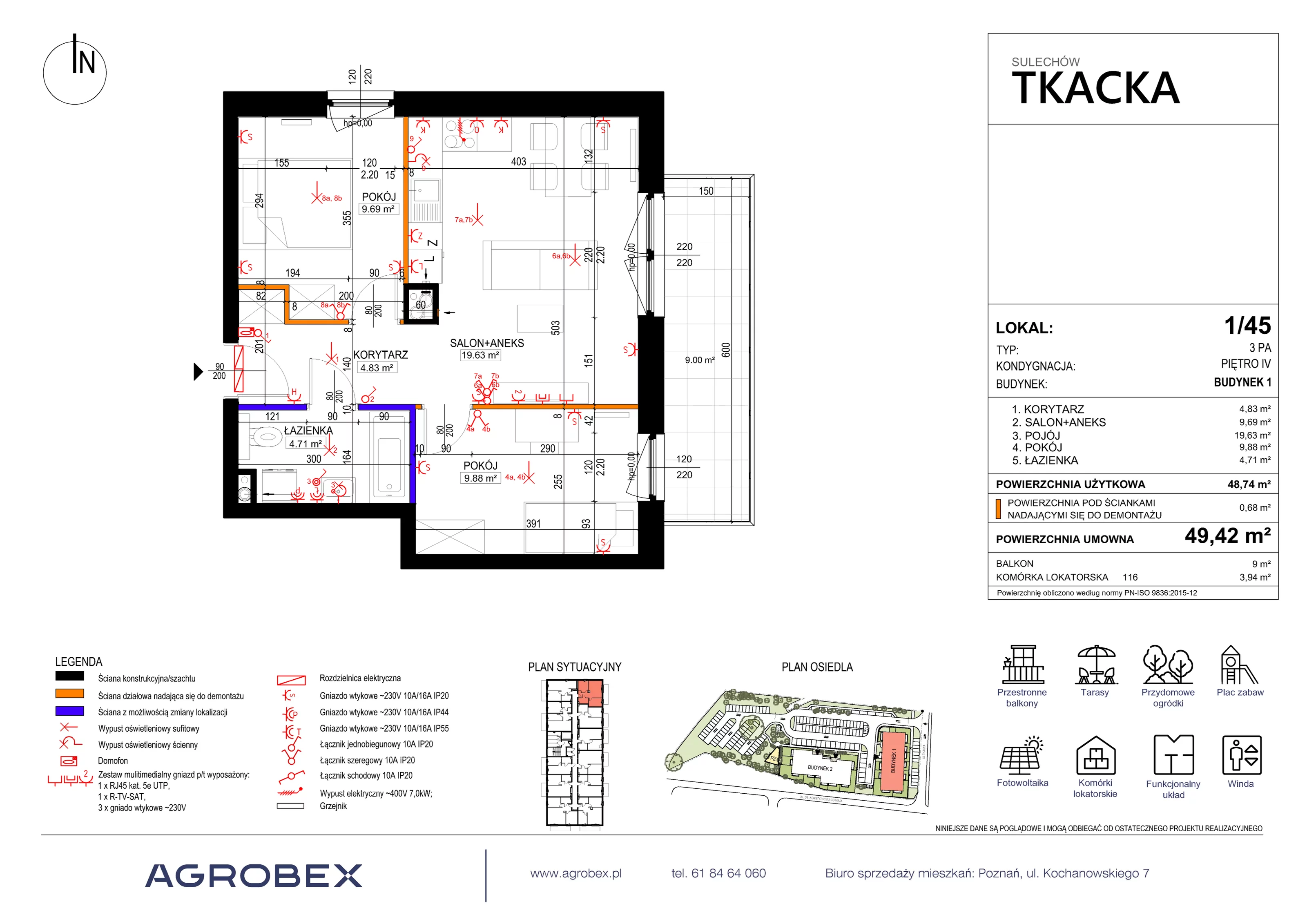 3 pokoje, mieszkanie 49,42 m², piętro 4, oferta nr 1/45, Osiedle Tkacka, Sulechów, ul. Tkacka