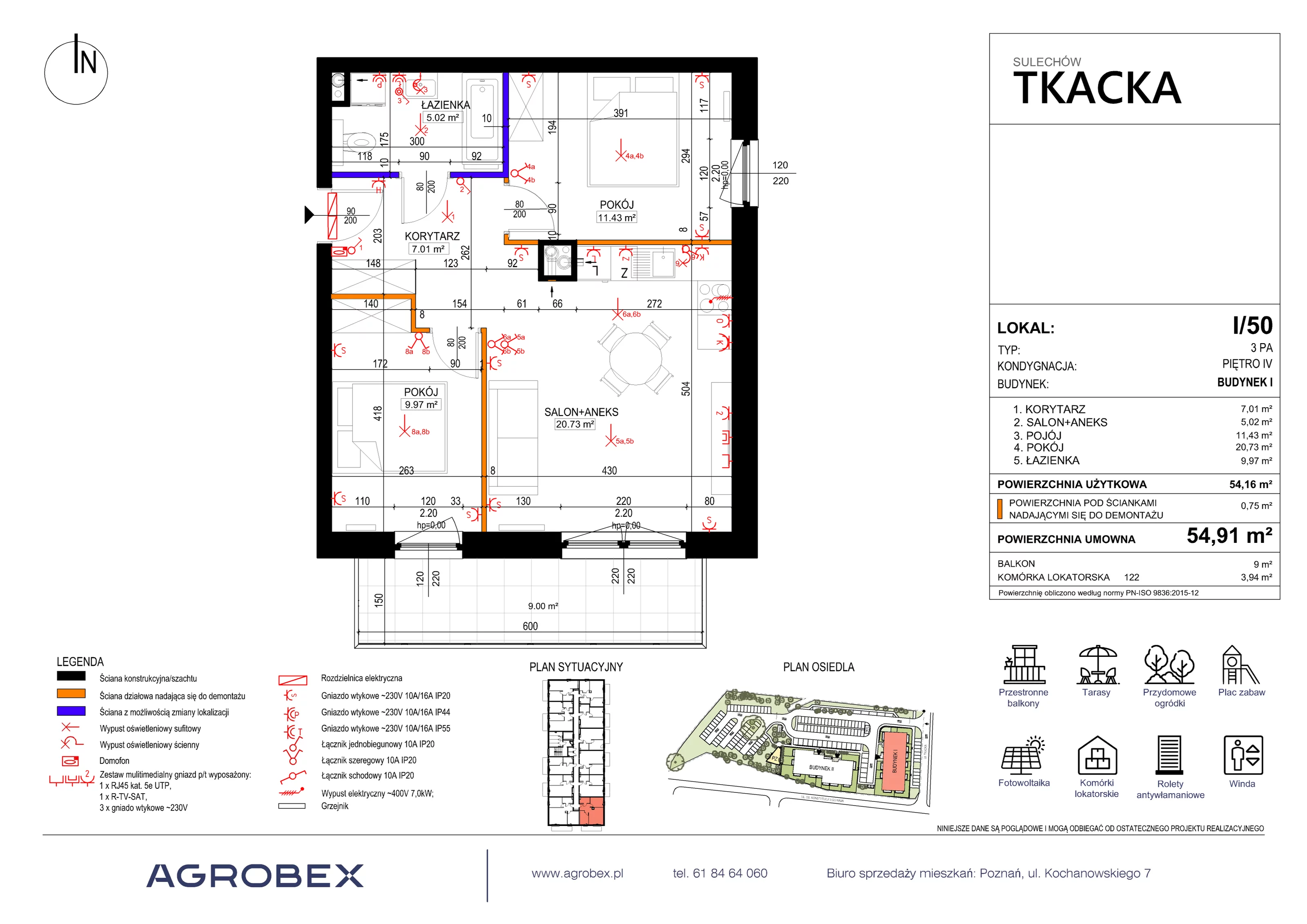 3 pokoje, mieszkanie 54,91 m², piętro 4, oferta nr 1/50, Osiedle Tkacka, Sulechów, ul. Tkacka