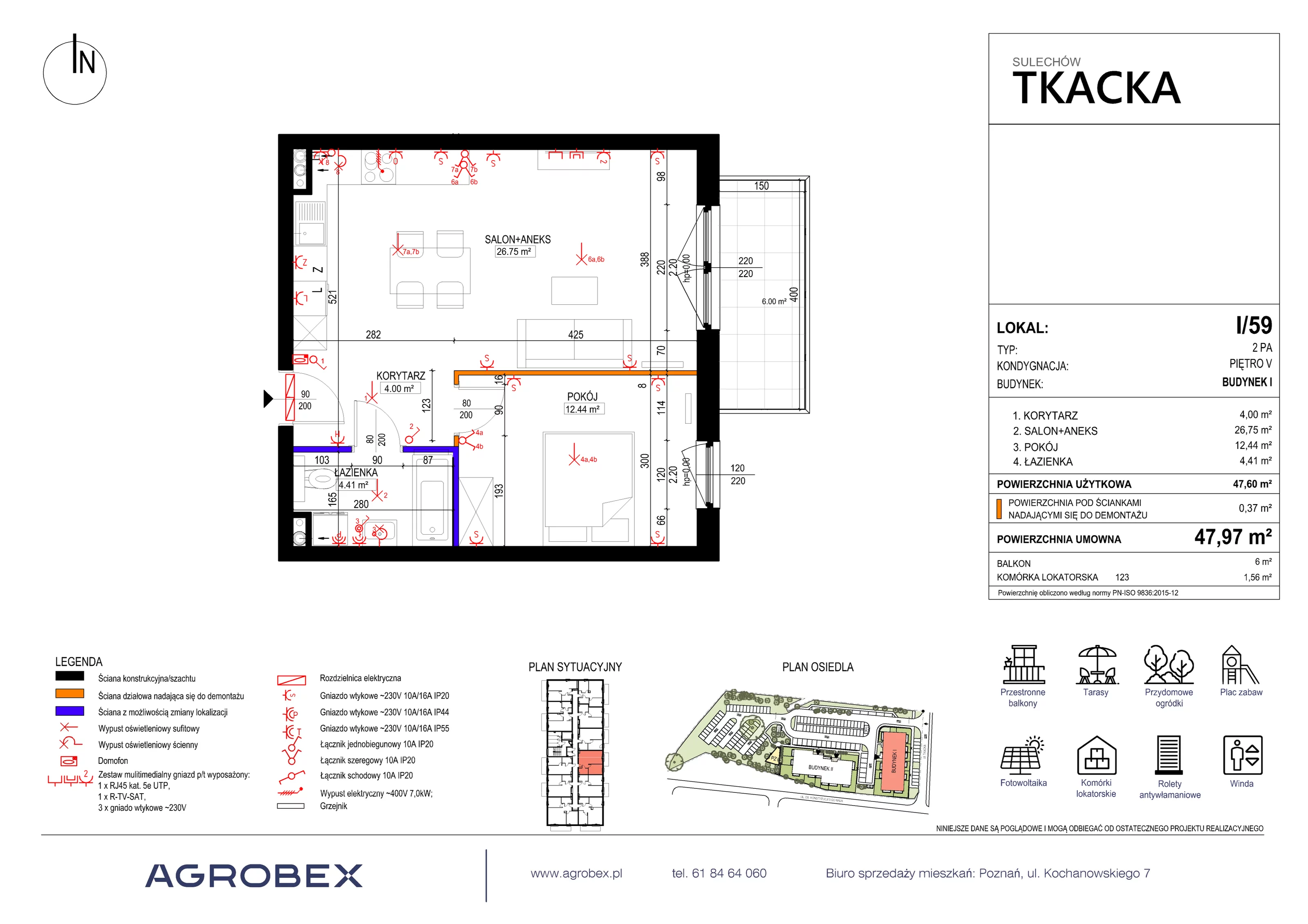 2 pokoje, mieszkanie 47,97 m², piętro 5, oferta nr 1/59, Osiedle Tkacka, Sulechów, ul. Tkacka