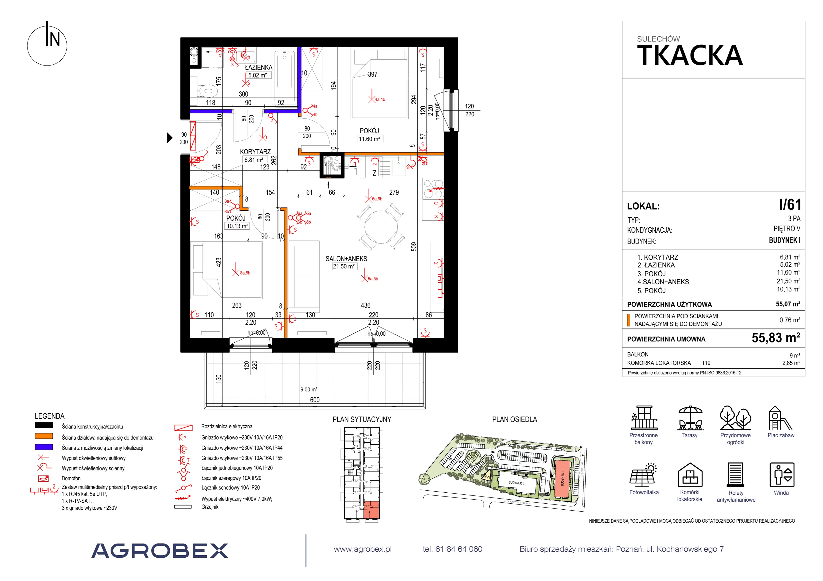 3 pokoje, mieszkanie 55,83 m², piętro 5, oferta nr 1/61, Osiedle Tkacka, Sulechów, ul. Tkacka