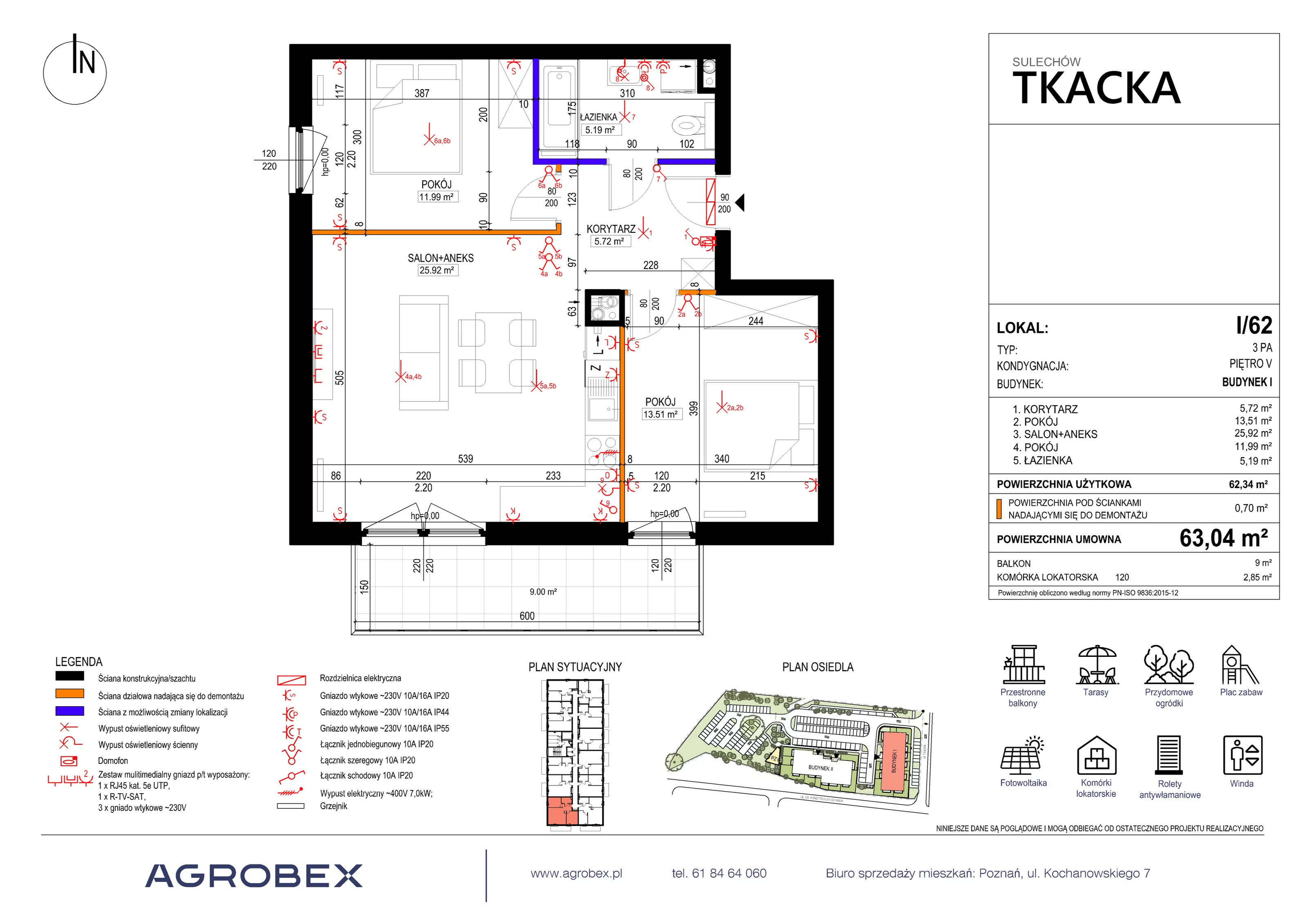 3 pokoje, mieszkanie 63,04 m², piętro 5, oferta nr 1/62, Osiedle Tkacka, Sulechów, ul. Tkacka