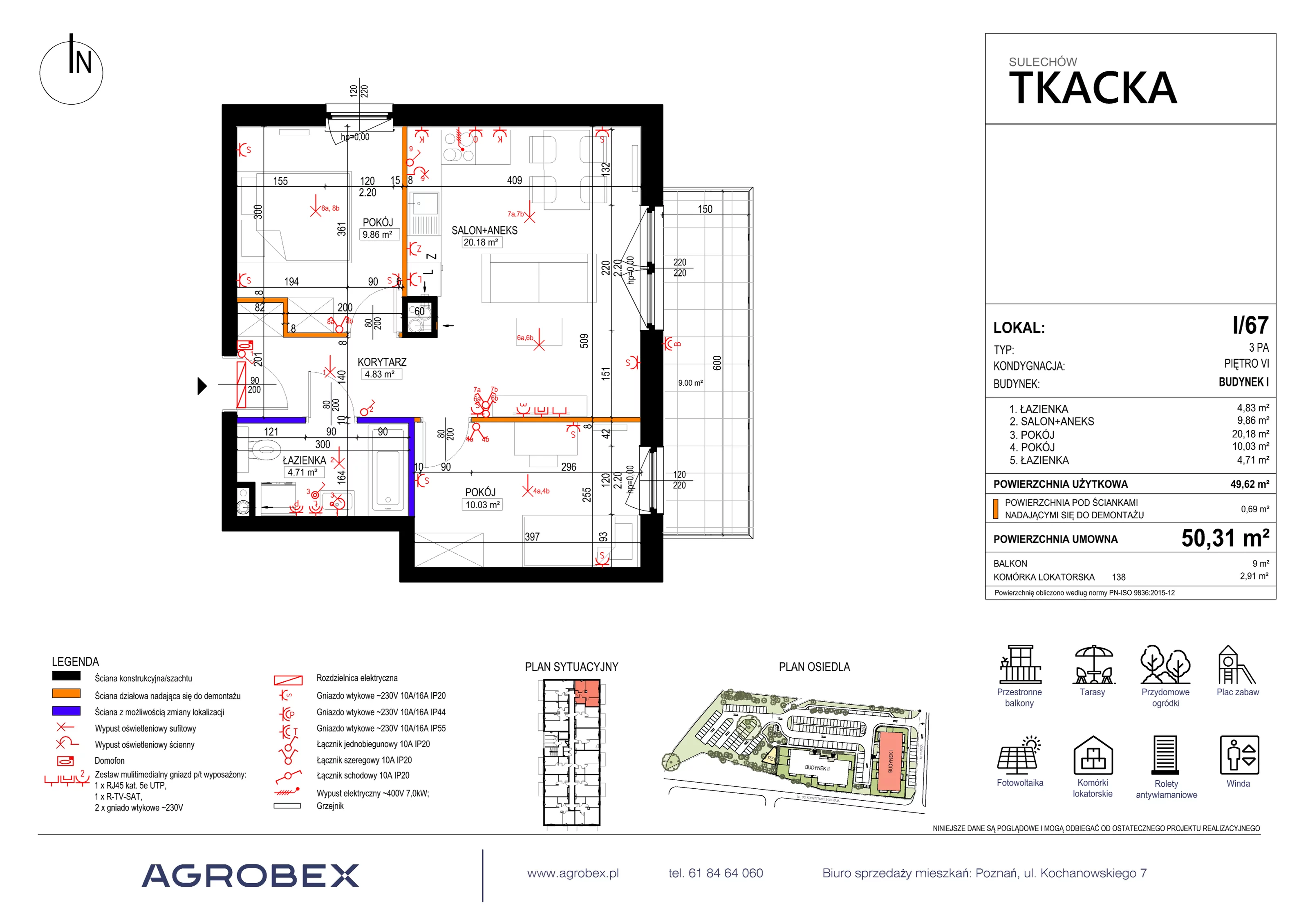 3 pokoje, mieszkanie 50,31 m², piętro 6, oferta nr 1/67, Osiedle Tkacka, Sulechów, ul. Tkacka