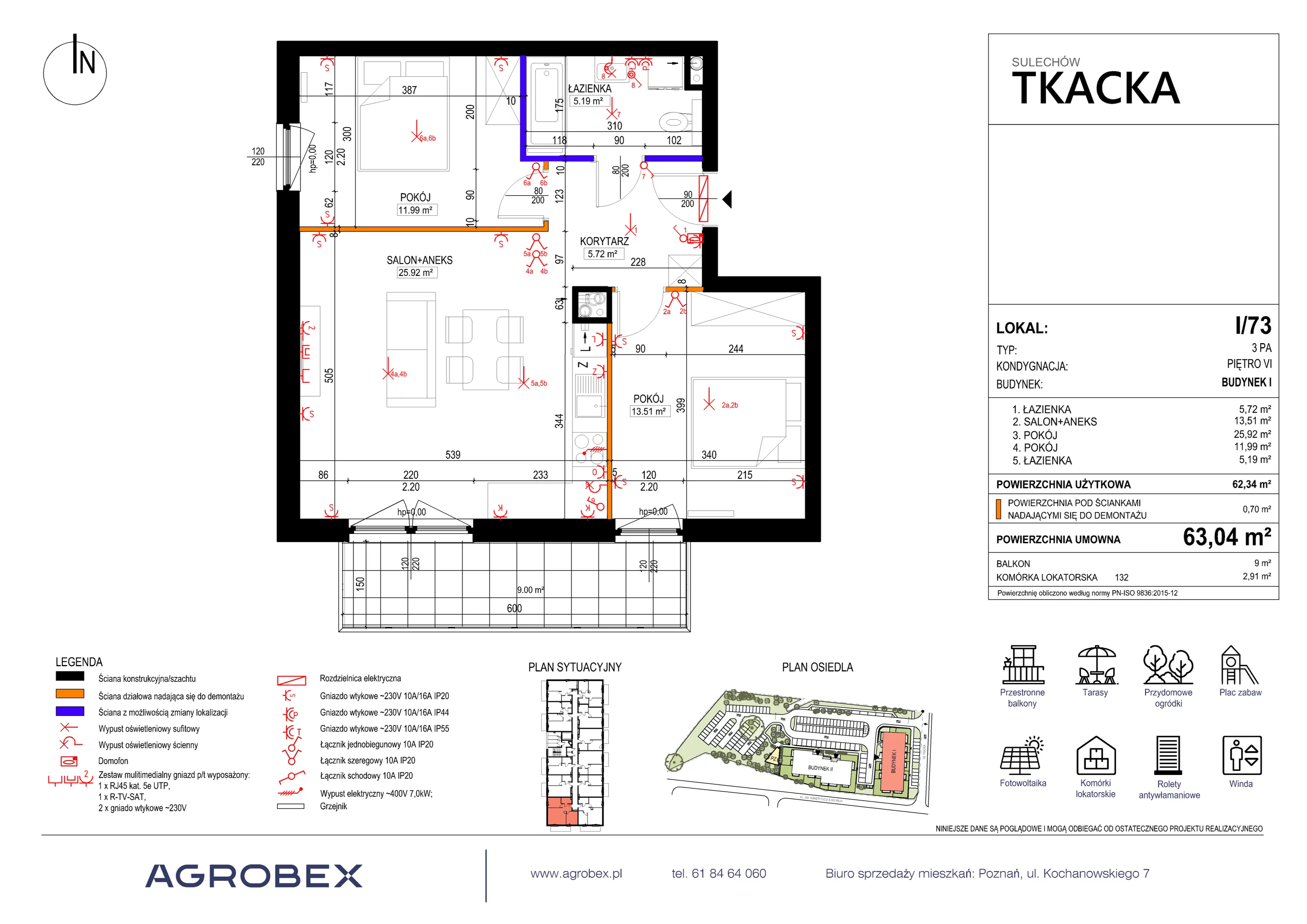 3 pokoje, mieszkanie 63,04 m², piętro 6, oferta nr 1/73, Osiedle Tkacka, Sulechów, ul. Tkacka