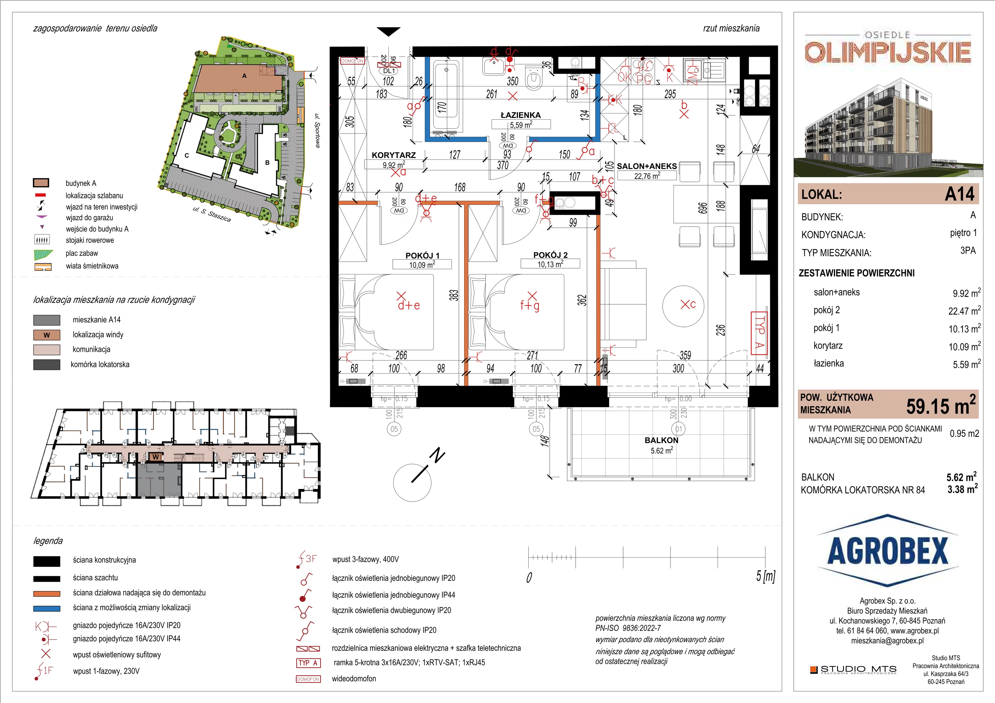 3 pokoje, mieszkanie 58,49 m², piętro 1, oferta nr A14, ulica Staszica etap A, Szamotuły, ul. Sportowa