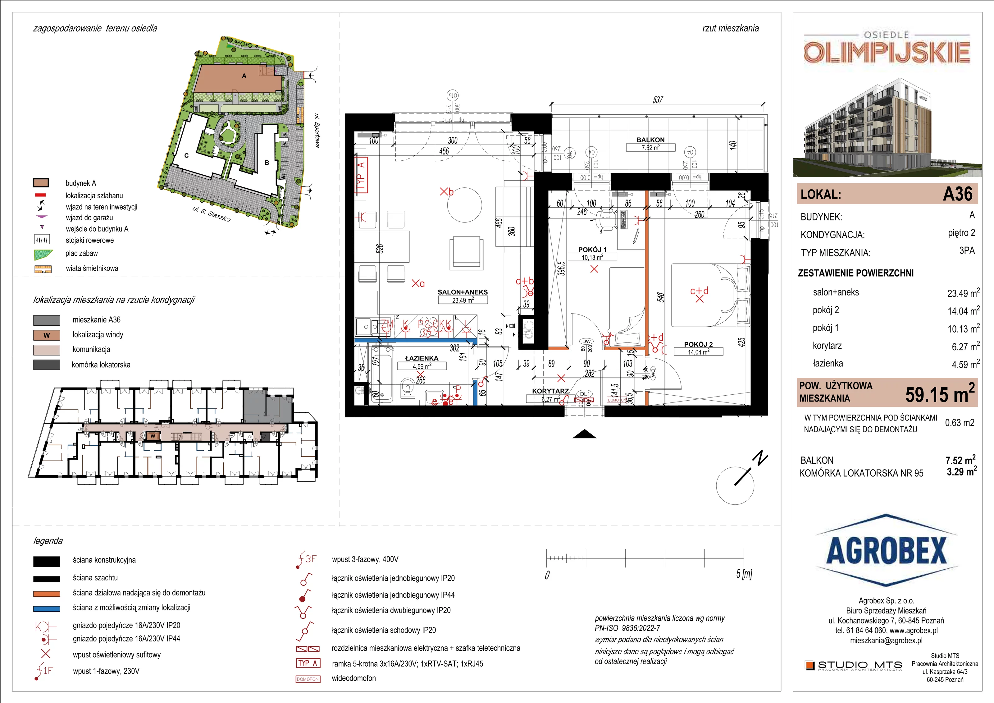 3 pokoje, mieszkanie 58,52 m², piętro 2, oferta nr A36, ulica Staszica etap A, Szamotuły, ul. Sportowa