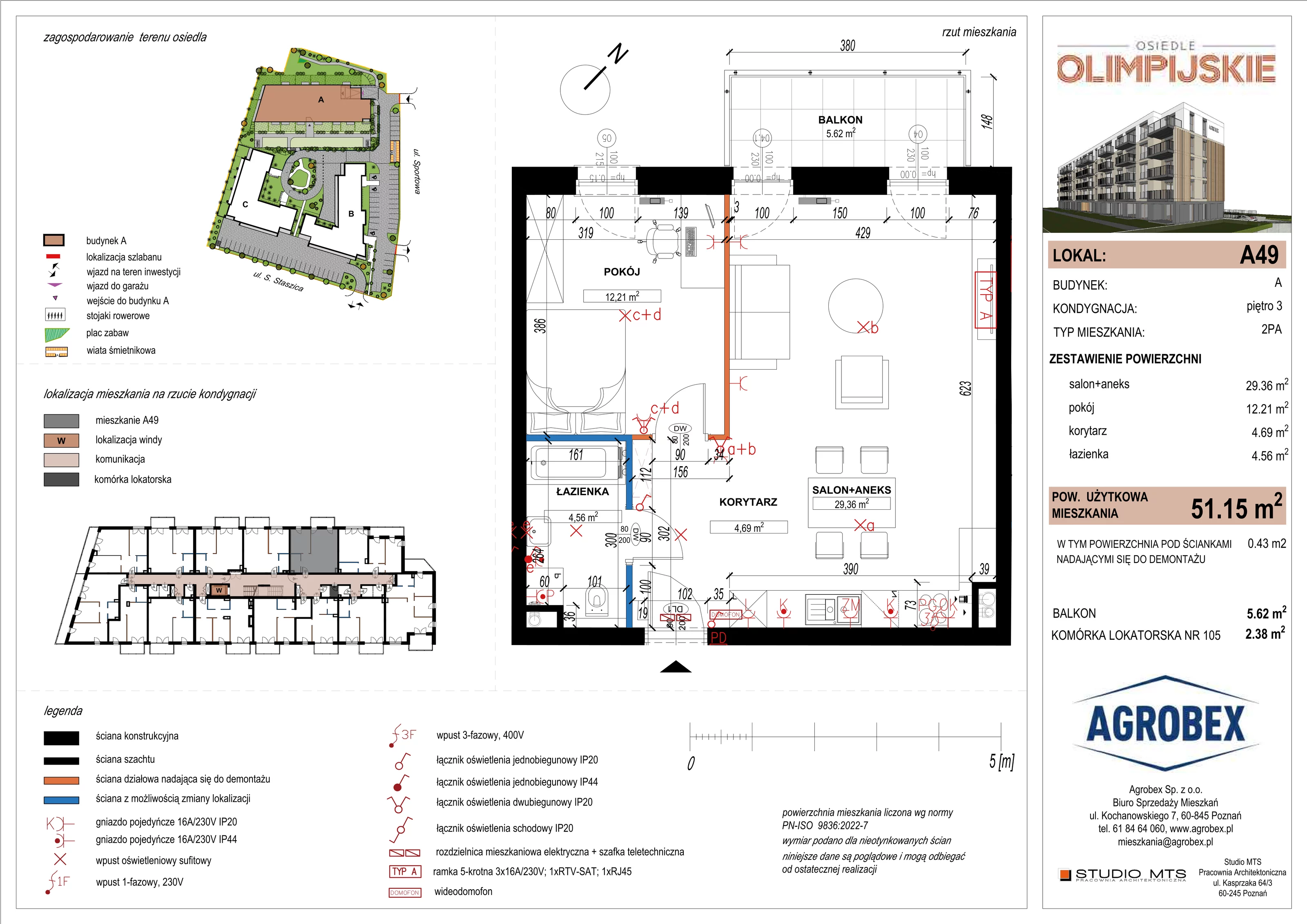 2 pokoje, mieszkanie 50,82 m², piętro 3, oferta nr A49, ulica Staszica etap A, Szamotuły, ul. Sportowa
