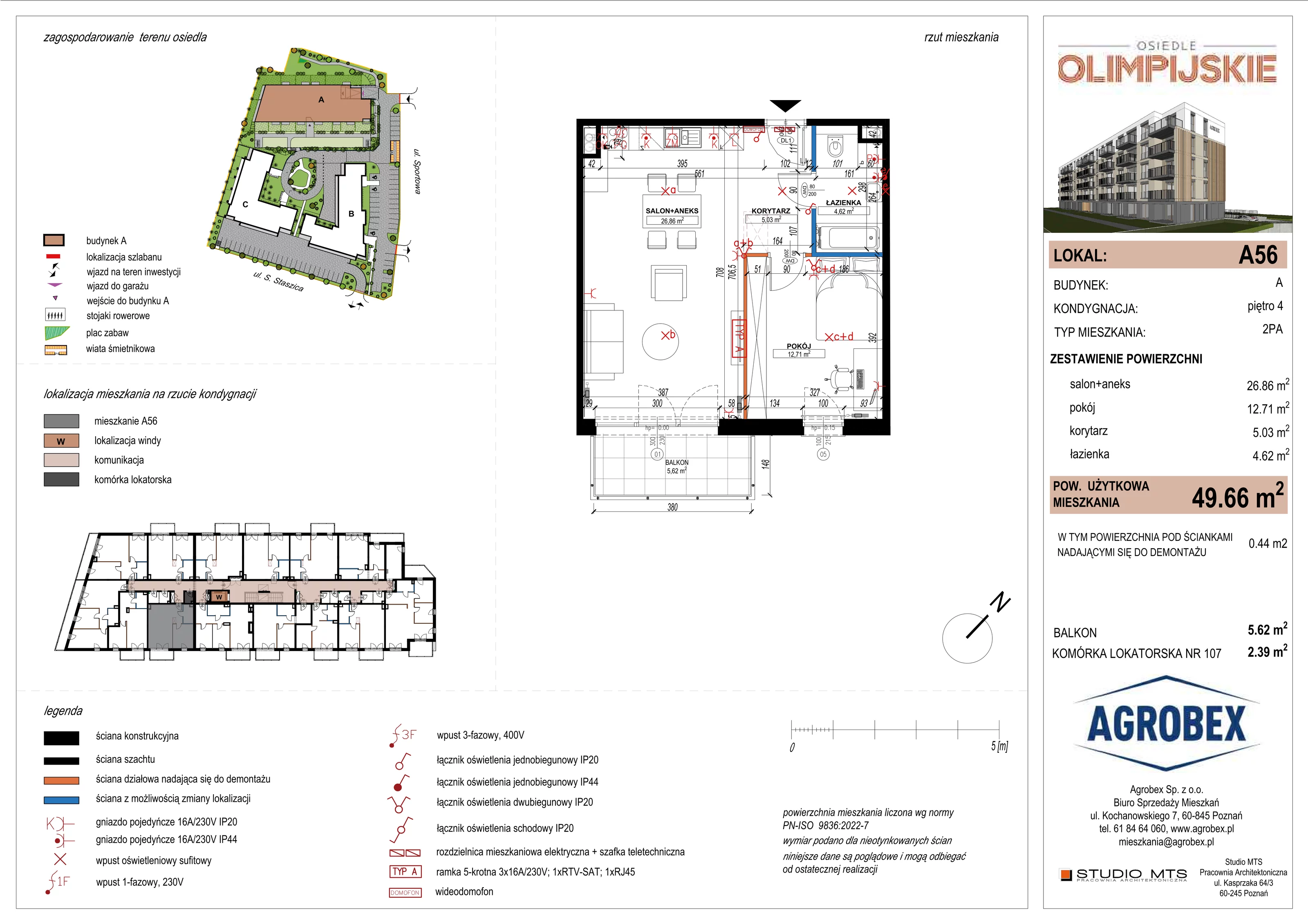 2 pokoje, mieszkanie 49,22 m², piętro 4, oferta nr A56, ulica Staszica etap A, Szamotuły, ul. Sportowa