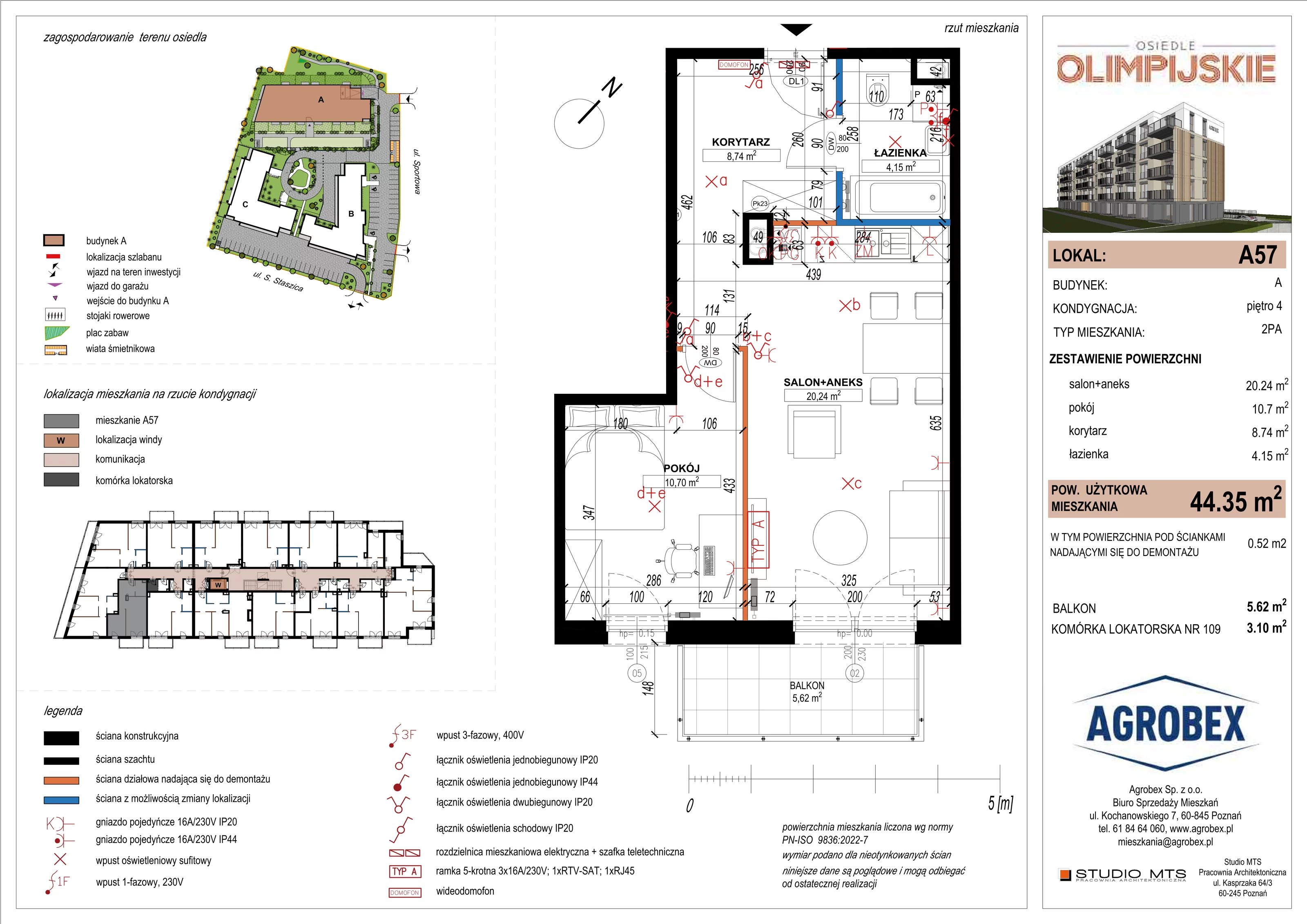 2 pokoje, mieszkanie 43,83 m², piętro 4, oferta nr A57, ulica Staszica etap A, Szamotuły, ul. Sportowa