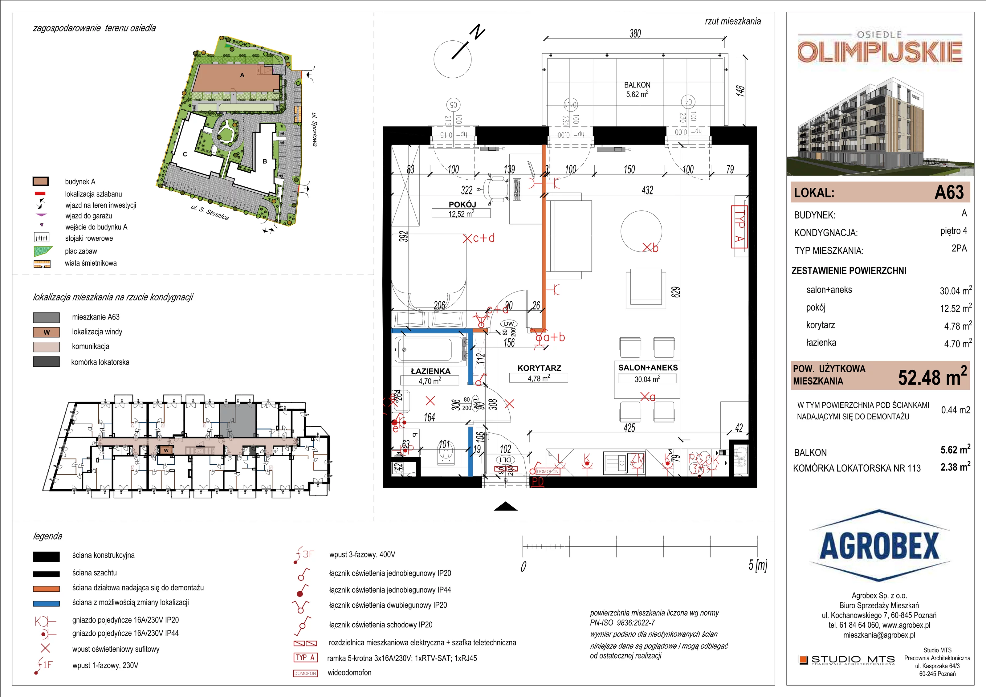 2 pokoje, mieszkanie 52,04 m², piętro 4, oferta nr A63, ulica Staszica etap A, Szamotuły, ul. Sportowa