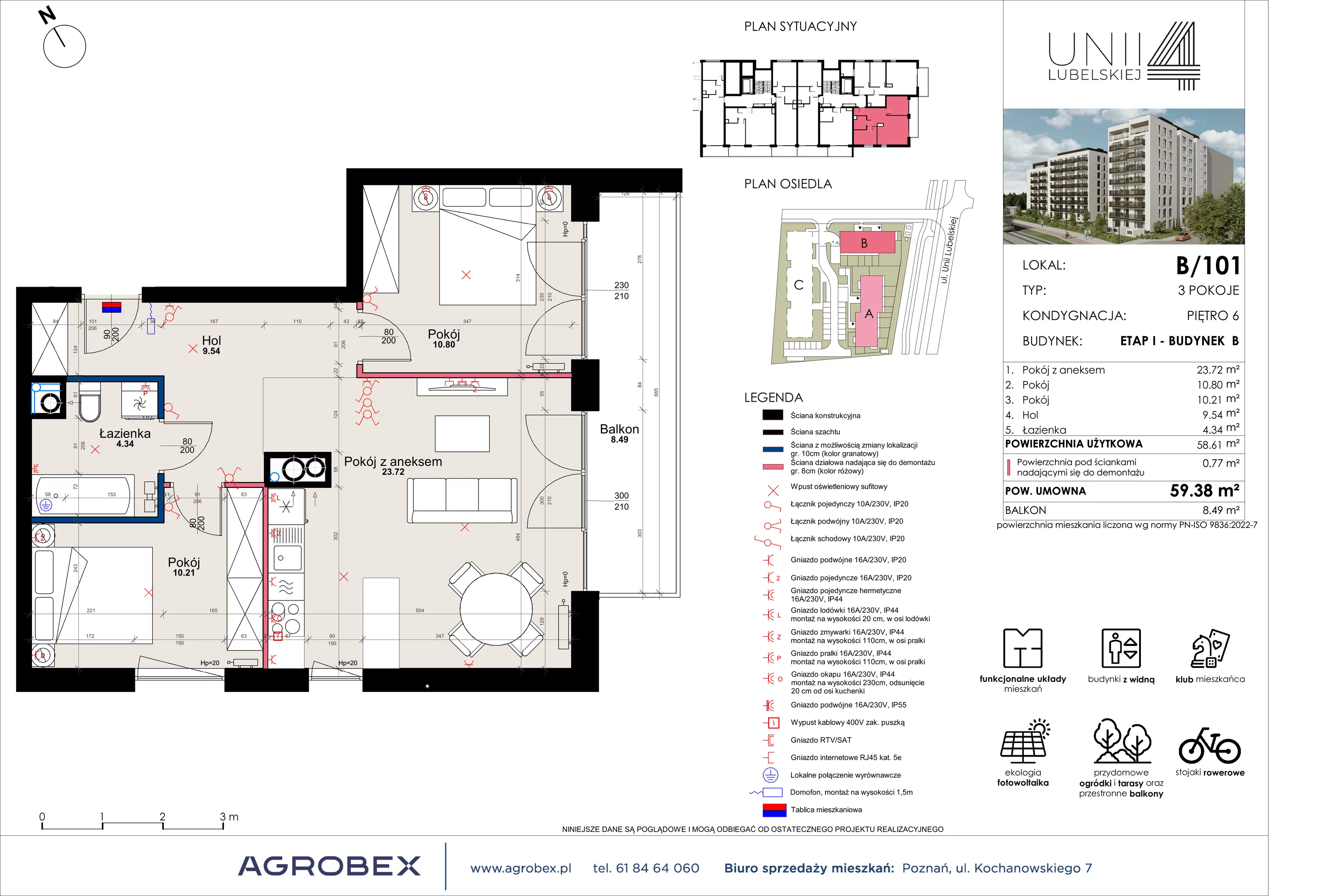 3 pokoje, mieszkanie 58,61 m², piętro 6, oferta nr B/101, Unii Lubelskiej 4 - etap B, Poznań, Nowe Miasto, Starołęka, ul. Unii Lubelskiej 4