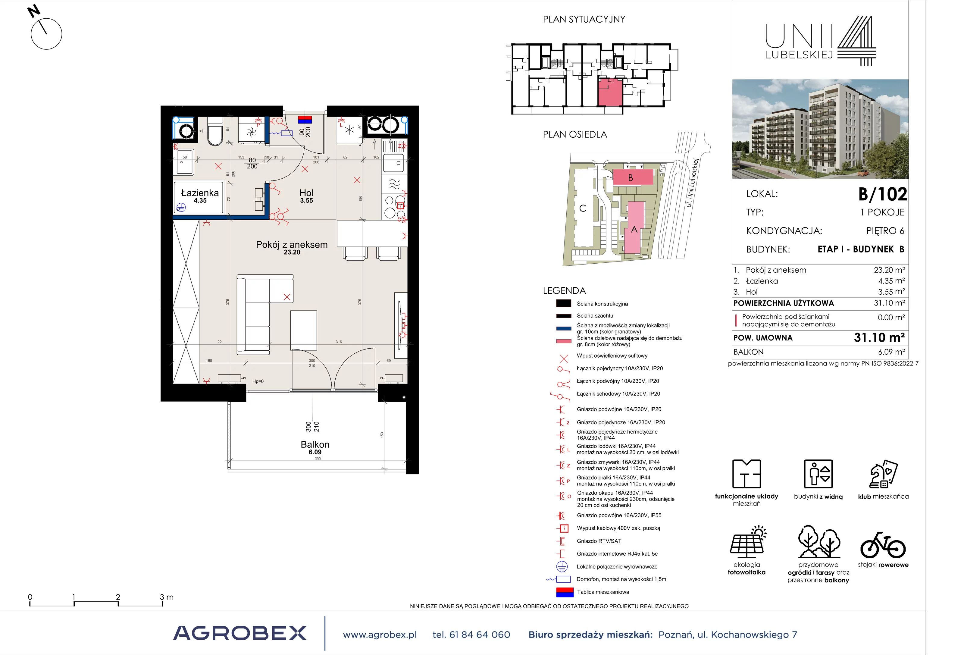 1 pokój, mieszkanie 31,10 m², piętro 6, oferta nr B/102, Unii Lubelskiej 4 - etap B, Poznań, Nowe Miasto, Starołęka, ul. Unii Lubelskiej 4