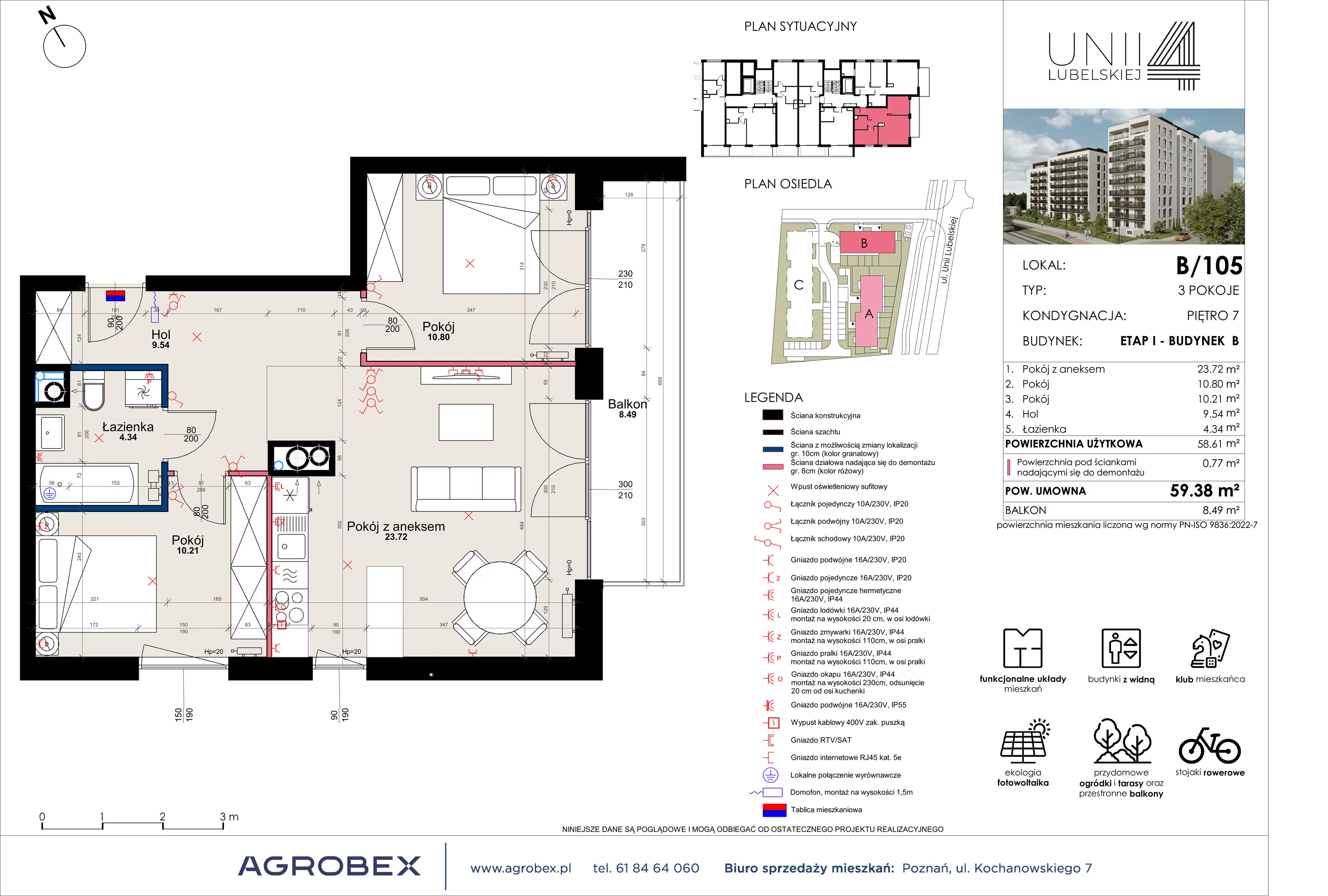 3 pokoje, mieszkanie 58,61 m², piętro 7, oferta nr B/105, Unii Lubelskiej 4 - etap B, Poznań, Nowe Miasto, Starołęka, ul. Unii Lubelskiej 4