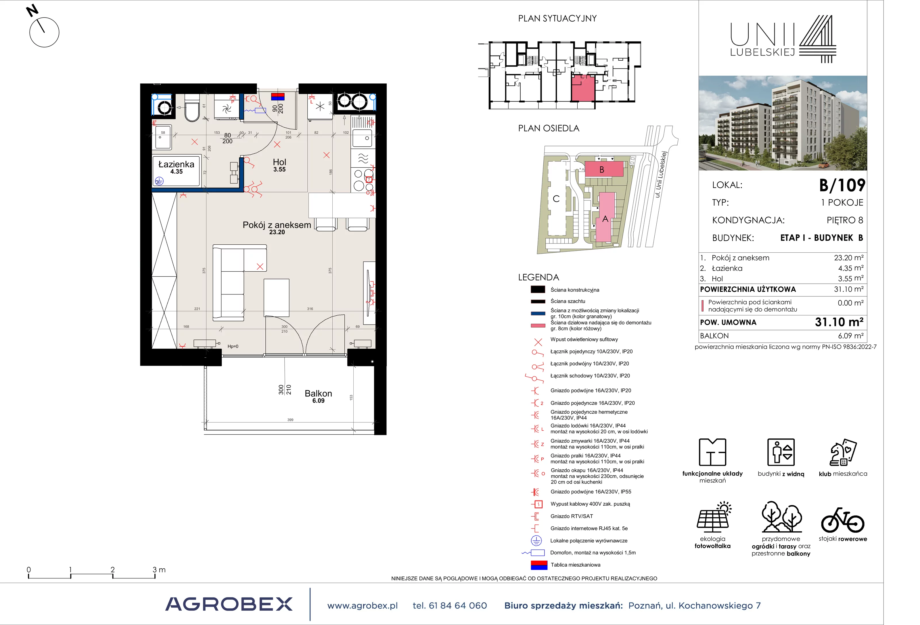1 pokój, mieszkanie 31,10 m², piętro 8, oferta nr B/109, Unii Lubelskiej 4 - etap B, Poznań, Nowe Miasto, Starołęka, ul. Unii Lubelskiej 4