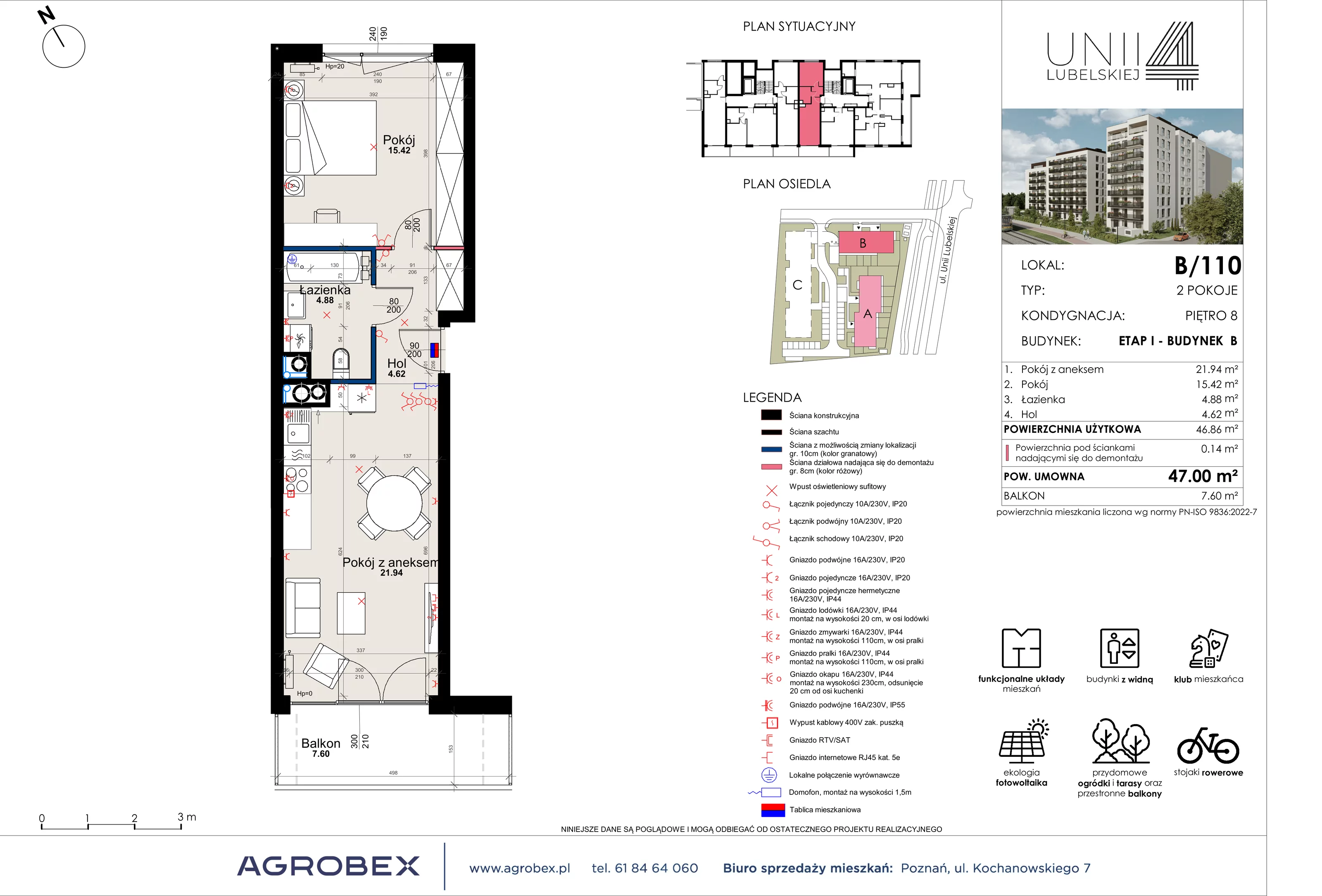 2 pokoje, mieszkanie 46,86 m², piętro 8, oferta nr B/110, Unii Lubelskiej 4 - etap B, Poznań, Nowe Miasto, Starołęka, ul. Unii Lubelskiej 4