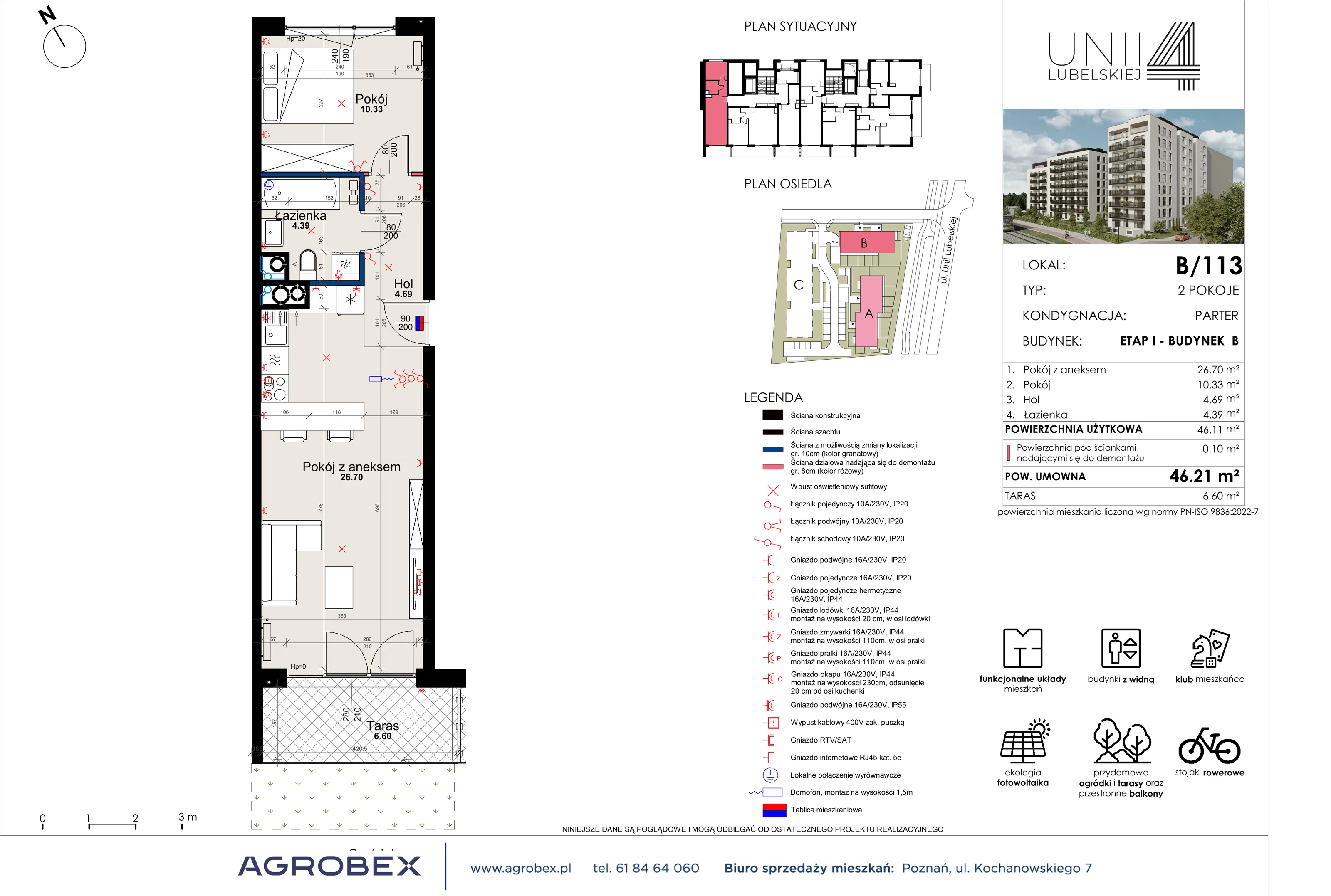 2 pokoje, mieszkanie 46,11 m², parter, oferta nr B/113, Unii Lubelskiej 4 - etap B, Poznań, Nowe Miasto, Starołęka, ul. Unii Lubelskiej 4